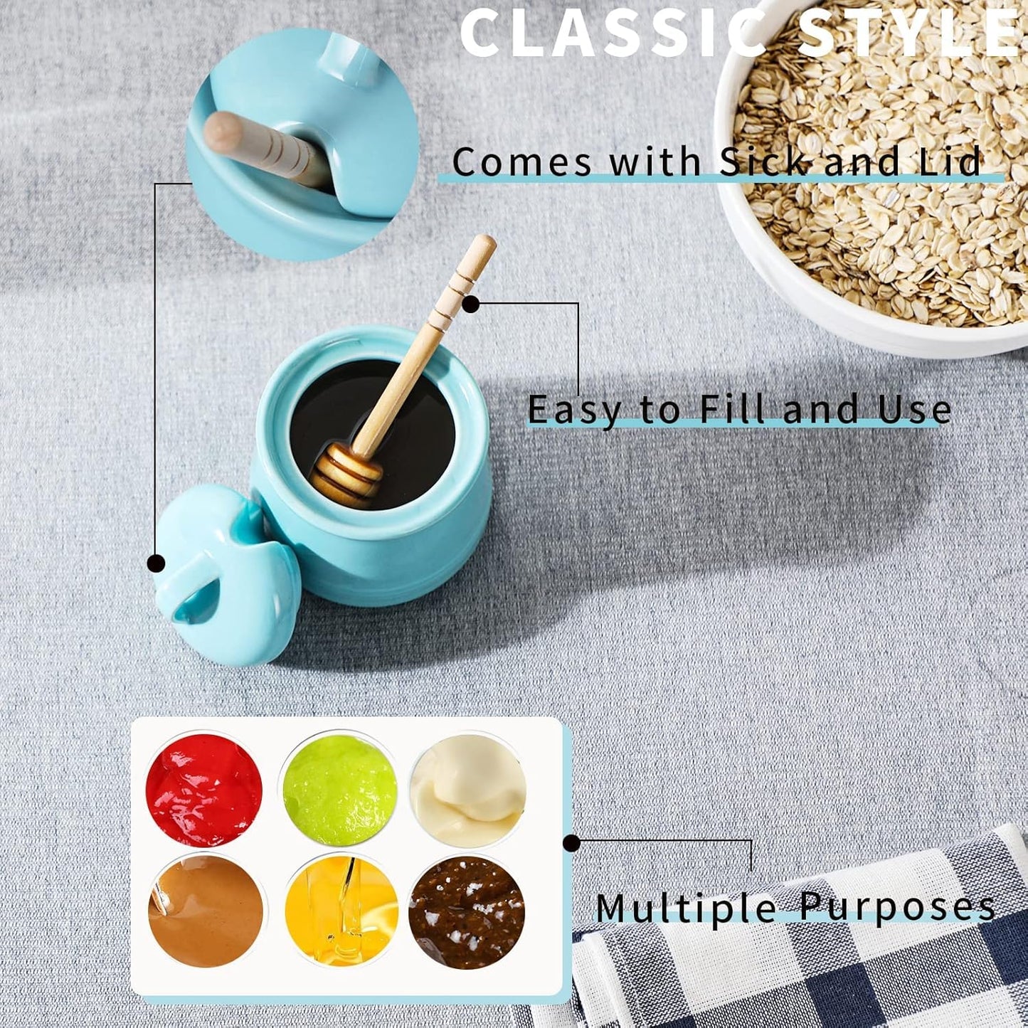 HAOTOP Ceramic Honey pot with Lid and Honey Dipper,Porcelain Honey Jar Easy to Clean and Dishwasher Safe,12oz (Blue)