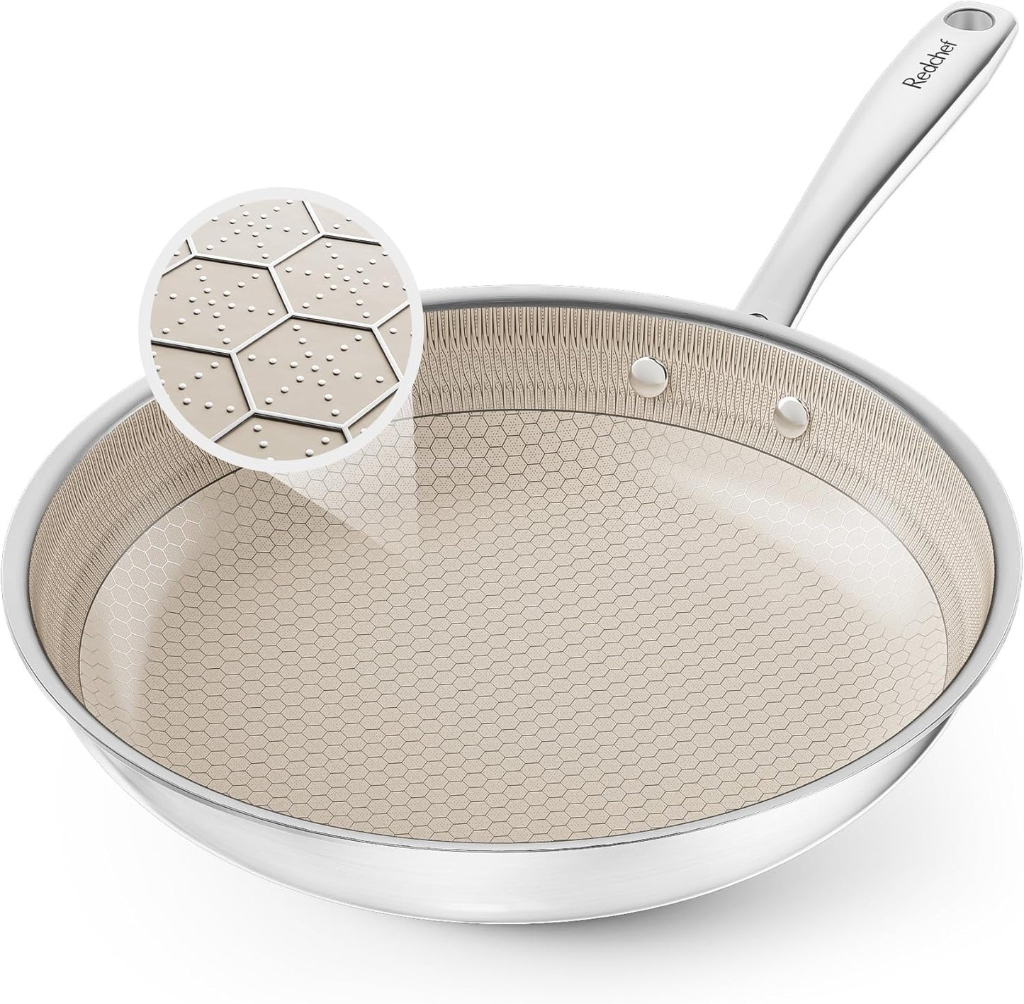 Redchef Non Stick Frying Pans, Hybrid 10 Inch Ceramic Frying Pan, Tri-Ply Stainless Steel Skillet, Non Toxic, PFAS PFOA & PTFE Free, Dishwasher & Oven Safe, Compatible with All Cooktops