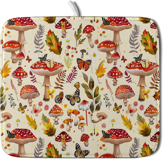 Forest Mushroom Dish Drying Mats Wild Plant Butterfly Kitchen Sink Rack Mats 16 X 18 Inch