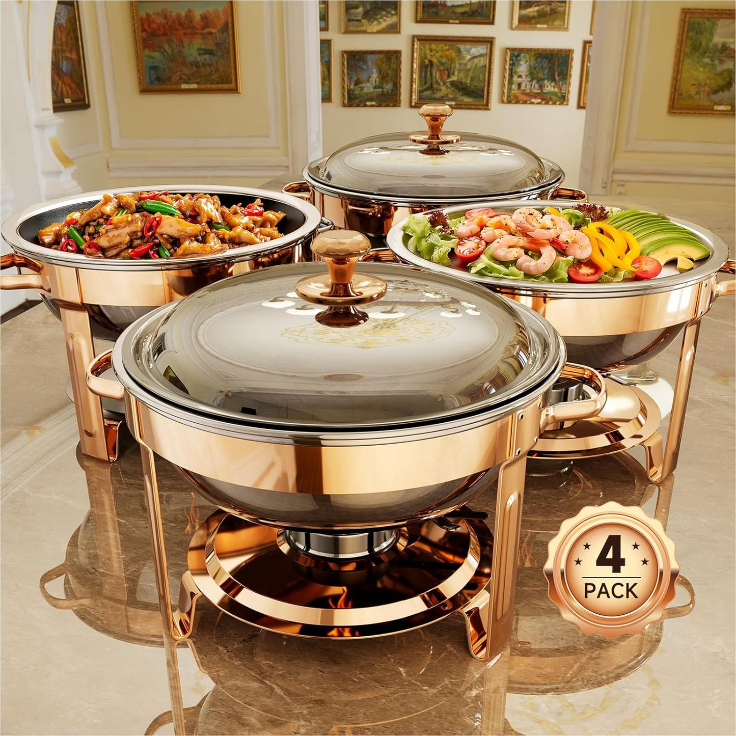 Chafing Dishes for Buffet, 4 Pack 5QT Round Stainless Steel Chafing Dish Set for Home Parties, Christmas Gatherings, Catering Events Complete Buffet Warmer Set (Rose Gold 4)