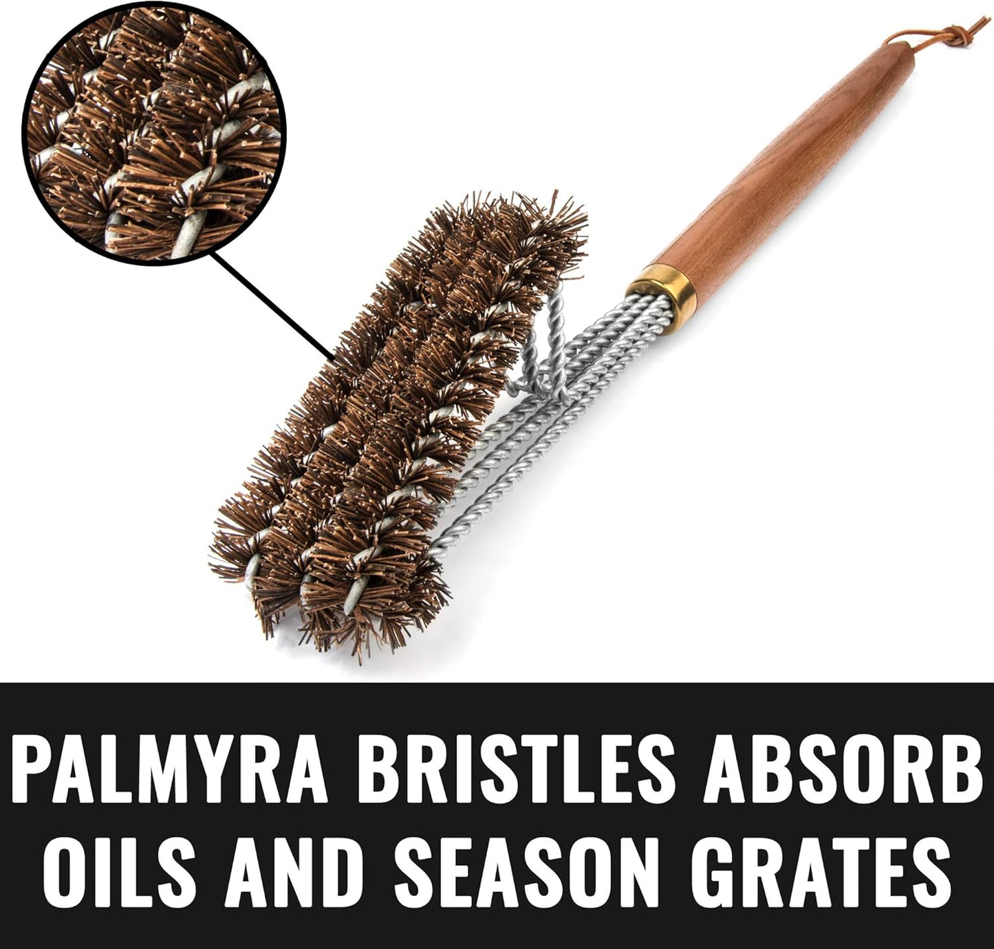 Grillaholics Pro Grill Brush Palmyra - Better Than a Bristle Free Grill Brush Natural Palmyra Bristle Brushes Clean Between The Grates and Season Your Grates