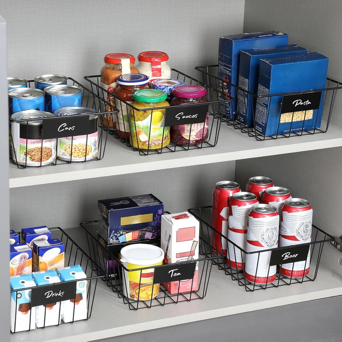 8 Pack Wire Storage Baskets for Organizing with Removable Tags, Pantry Organization Bins for Kitchen Cabinets, Closet - Metal Basket for Laundry, Garage, Refridge, Bathroom Countertop Organizer, Black