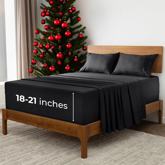 Mellanni Extra Deep California King Sheets - 4 PC Iconic Collection Bedding - Hotel Luxury, Ultra Soft, Cooling Bed Sheets - Wrinkle, Fade, Stain Resistant (Cal King, Black)
