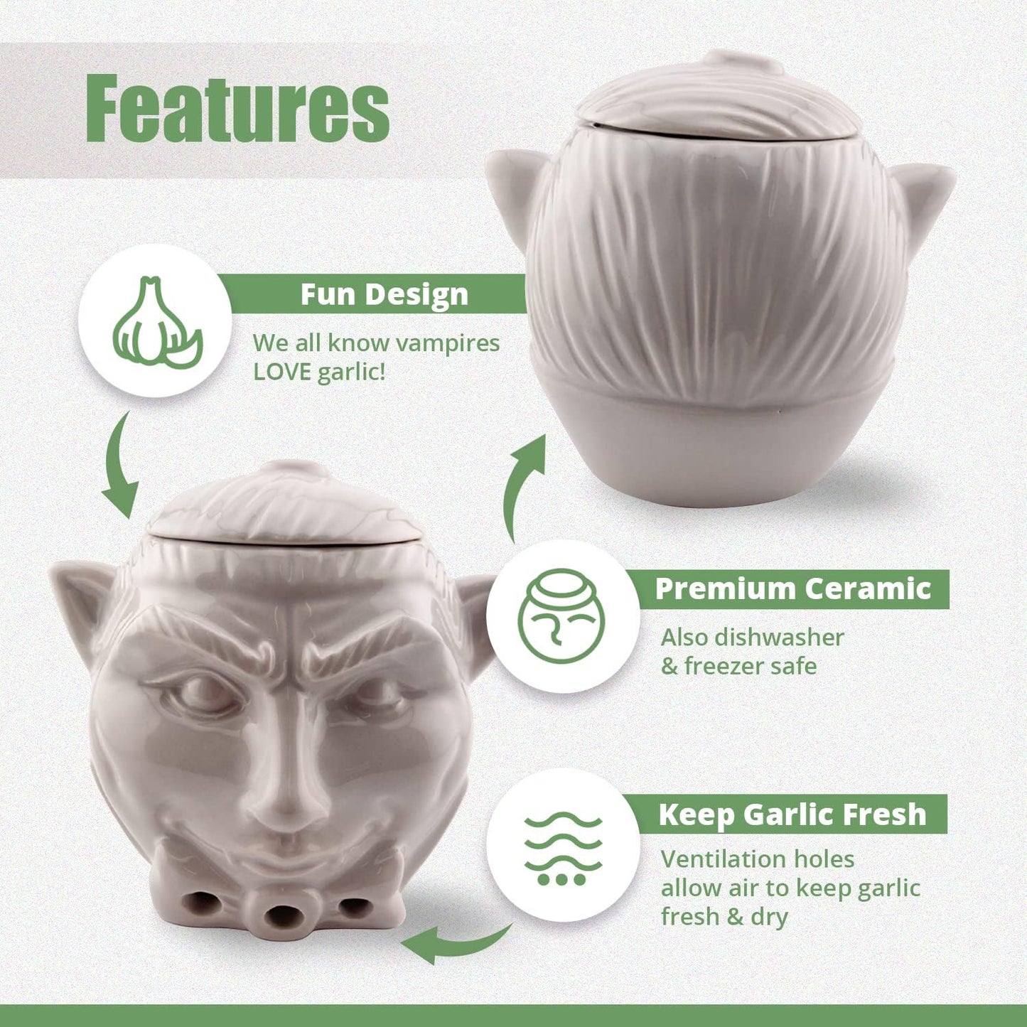 Spooky Dracula Garlic Pot - Unique Ceramic Container with Three Ventilation Holes for Fresh Garlic Storage