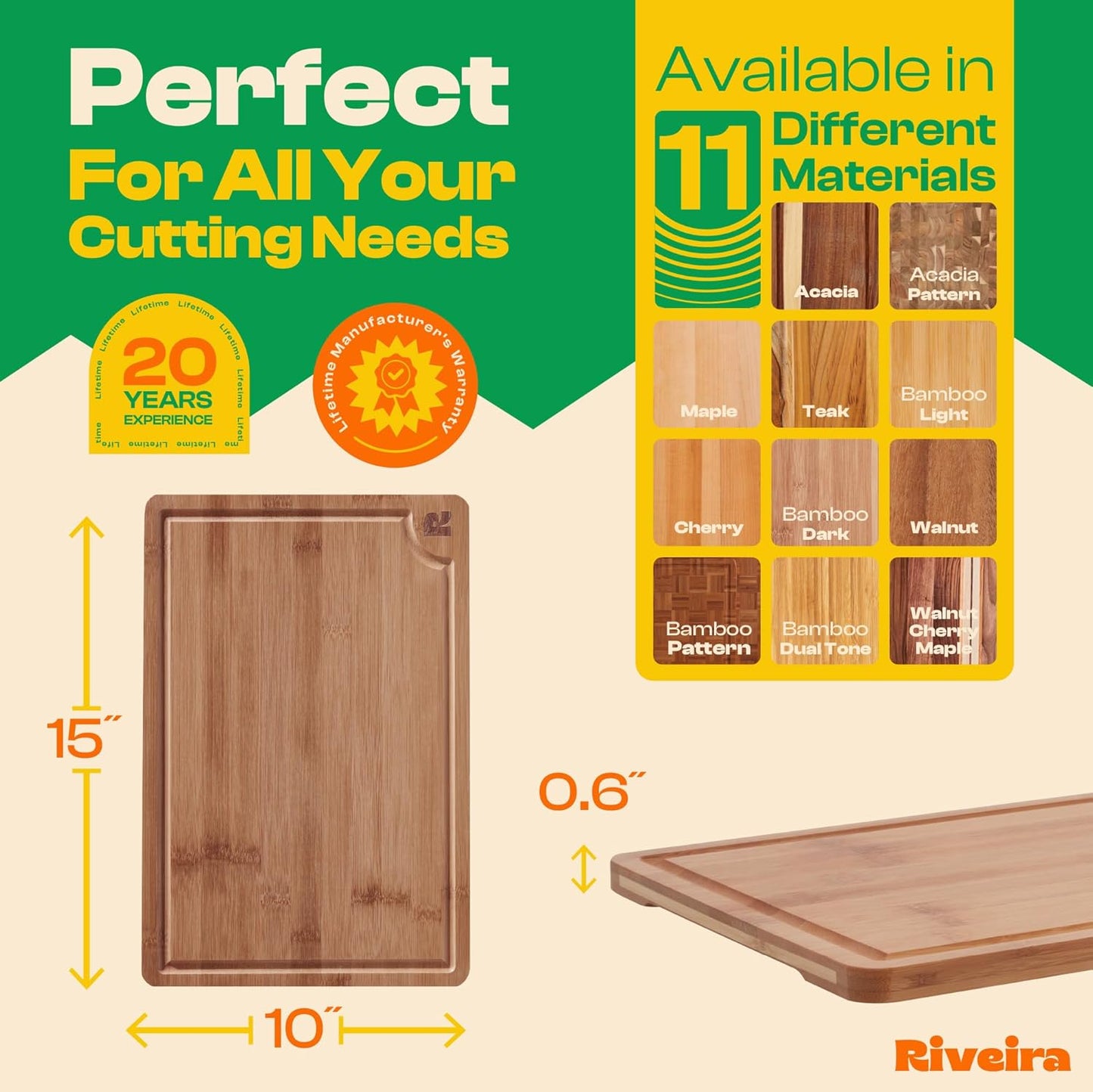 Riveira Brown Bamboo Wood Cutting Board – Gourmet Bamboo Grandeur: 15 x 10 Wooden Cutting Board – Wooden Cutting Boards For Kitchen Decorative – Innovative Juice Grooves Wooden Chopping Board