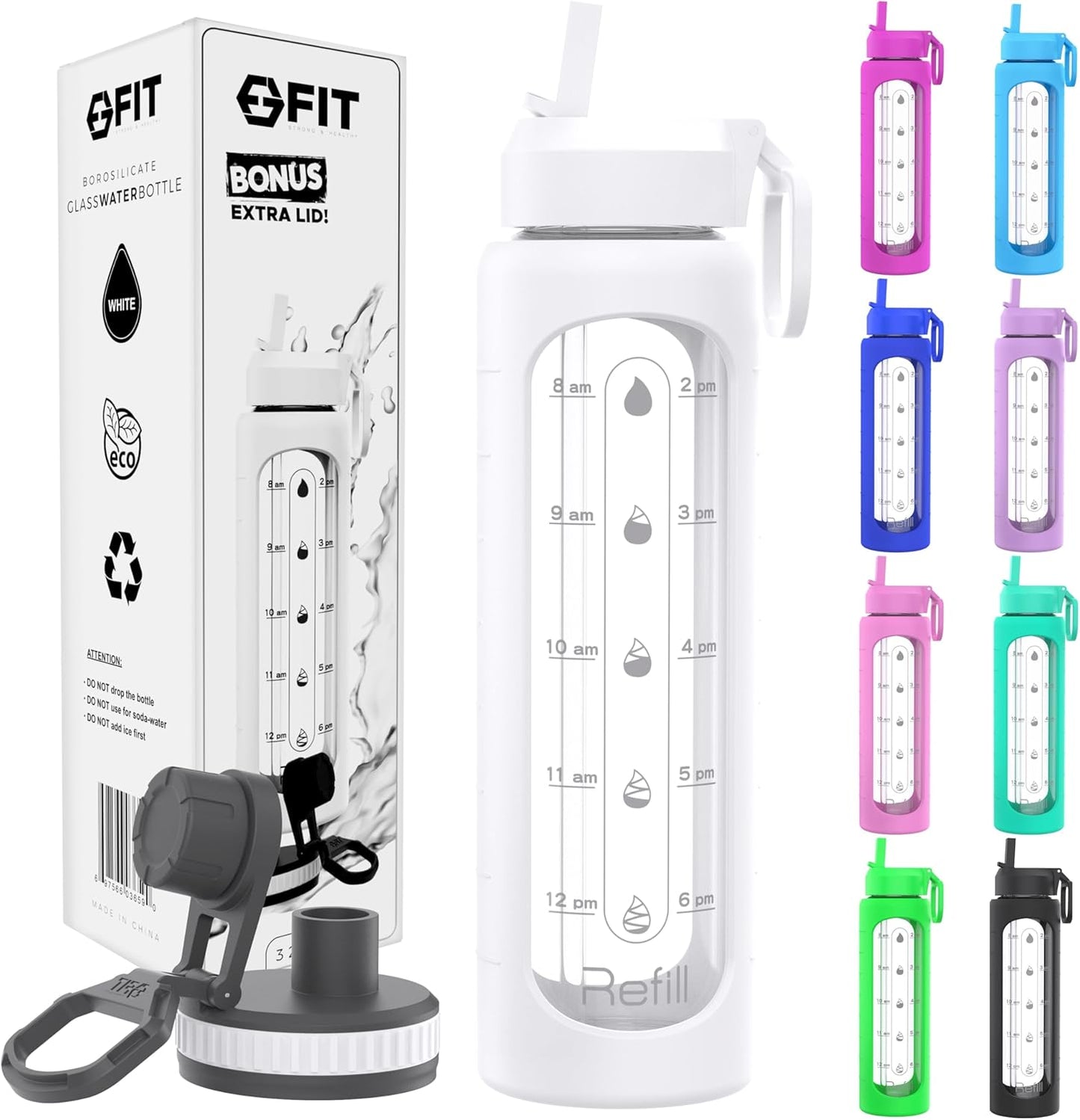 FIT Strong & Healthy 32 oz Glass Water Bottle with Straw Lid, Time Marker, Sleeve & Extra Lid - Motivational, Wide Mouth 1 Liter Glass Drinking Bottle