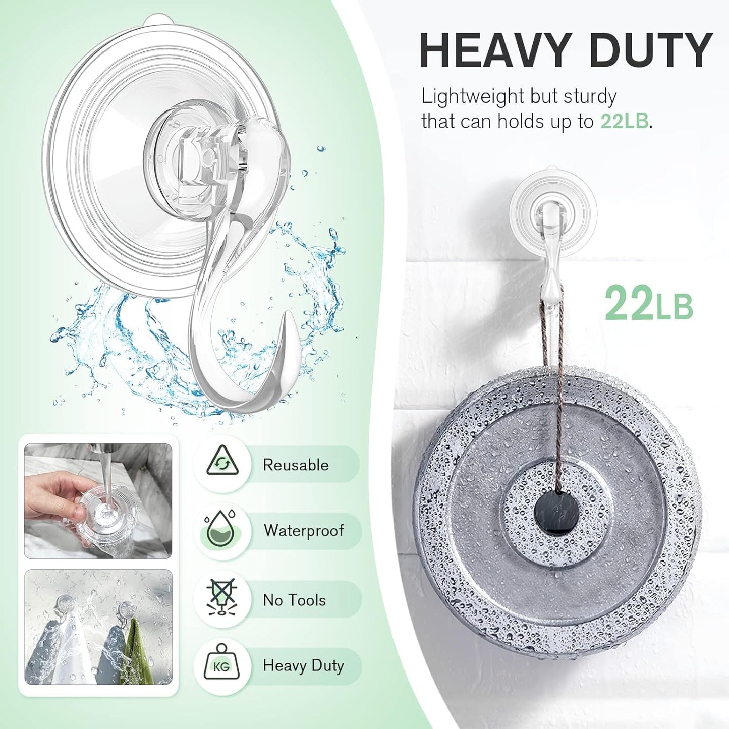 VIS'V Large Suction Cup Hooks with Wipes, Heavy Duty, Removable and Reusable, Clear, 5 Pcs