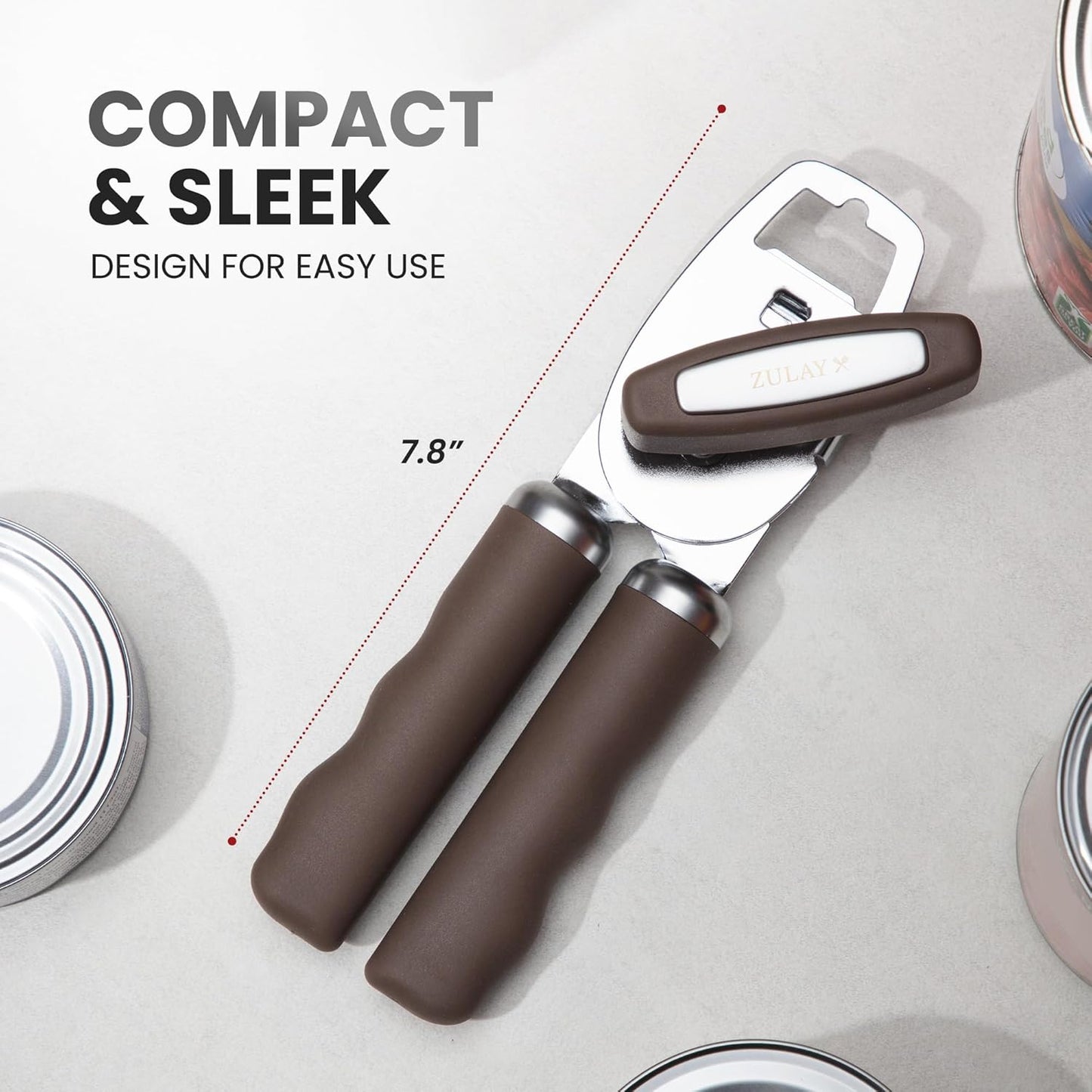 Zulay Kitchen Heavy Duty Stainless Steel Can Opener Manual with Bottle Opener - Rust Proof Manual Can Opener With Turn Knob & Comfy Soft Grip Handles - Brown