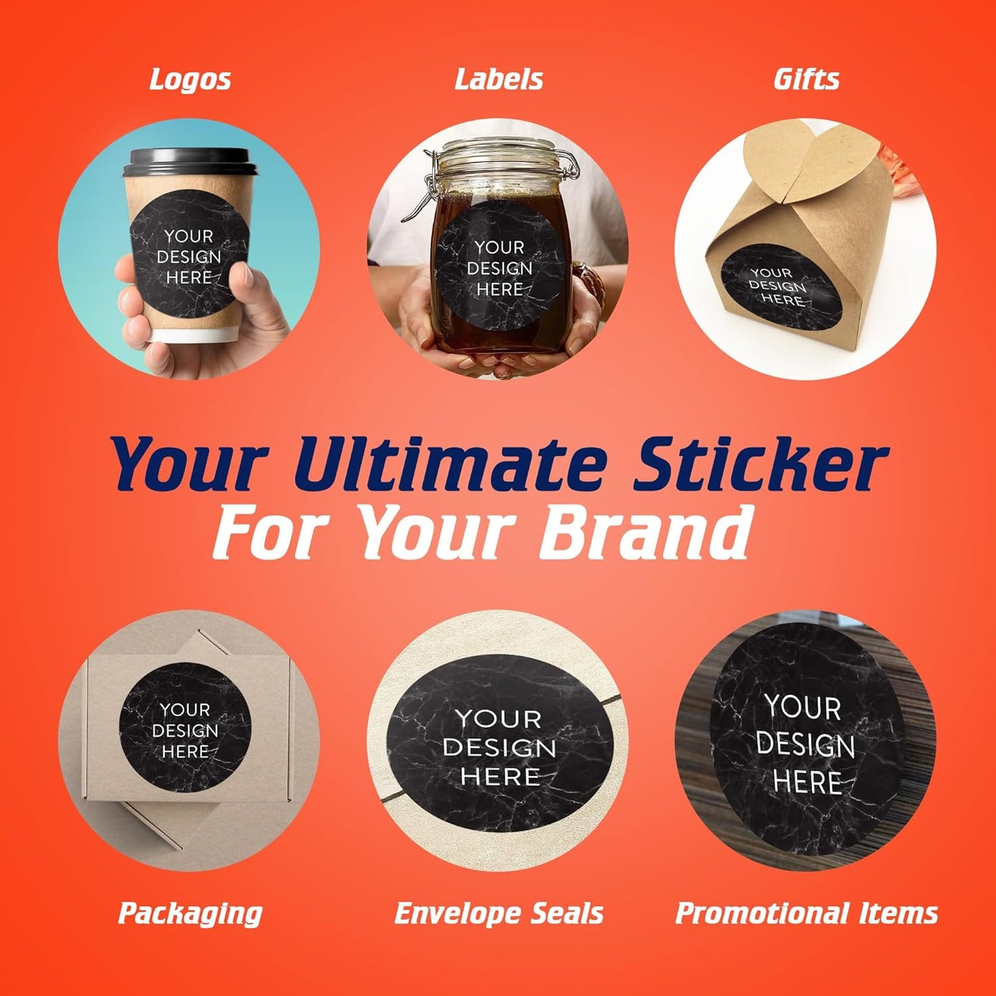 100 Custom Vinyl Stickers - Upload Your own Image, Text, Design, Logo - Personalized Logo Labels for Handmade, Packaging, Bottle, Jars, Candle, Brand Stickers (Black Marble, 6x6)