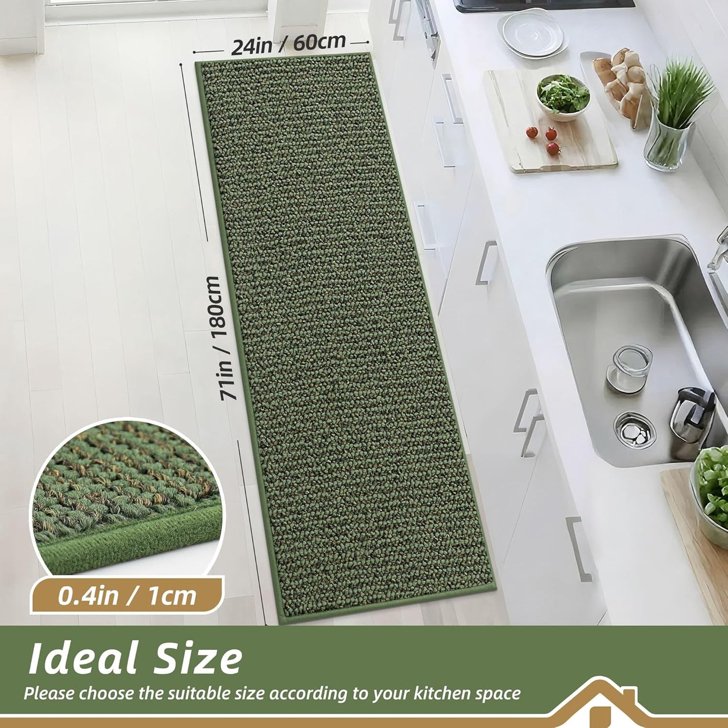 BEQHAUSE Kitchen Runner Rugs 24"x72", Non-Slip Kitchen Mats for Floor, Super Absorbent and Stain Resistant Kitchen Rug, Machine Washable Rugs for Kitchen, Hallway, Laundry & Sink, Green