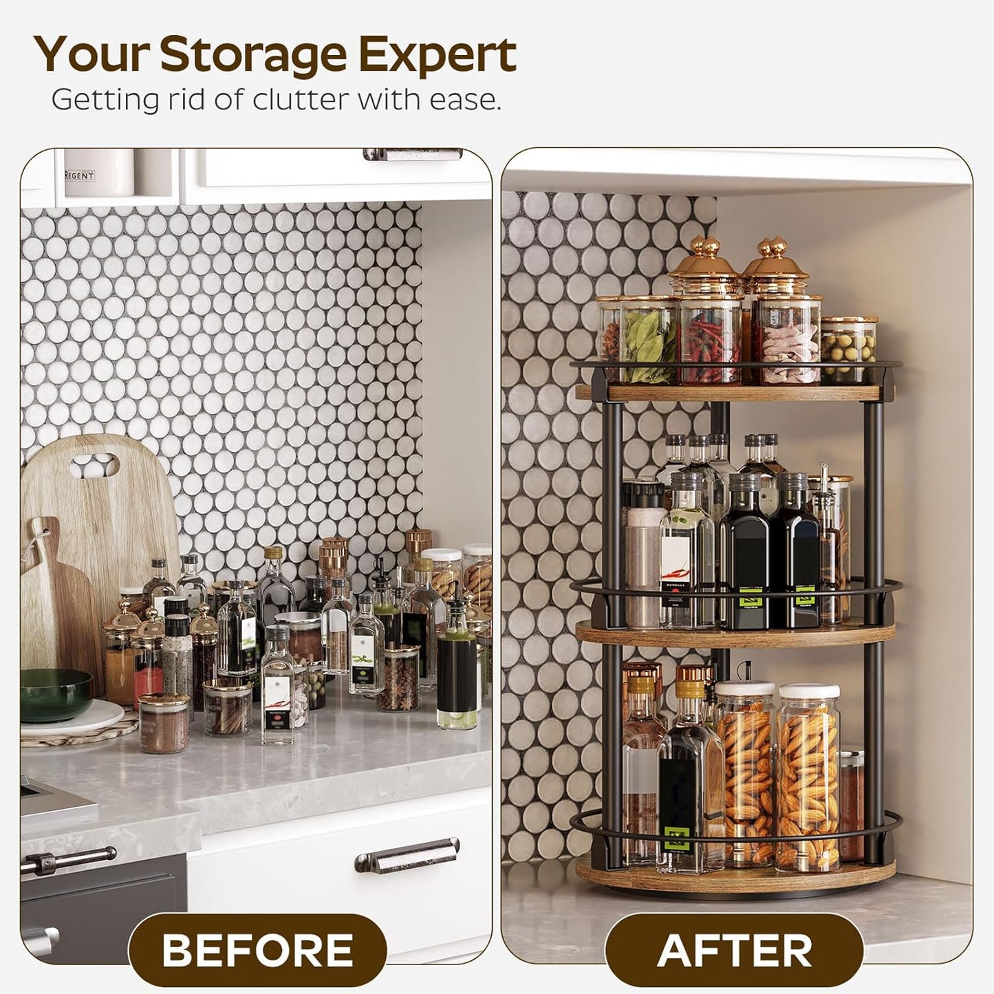 3-Tier Lazy Susan Organizer, Rotating Spice Rack, Spinning Organizer, Industrial Turntable Spice Rack Organizer for Cabinet, Kitchen Countertop, Pantry, Rustic Brown and Black SR23BR