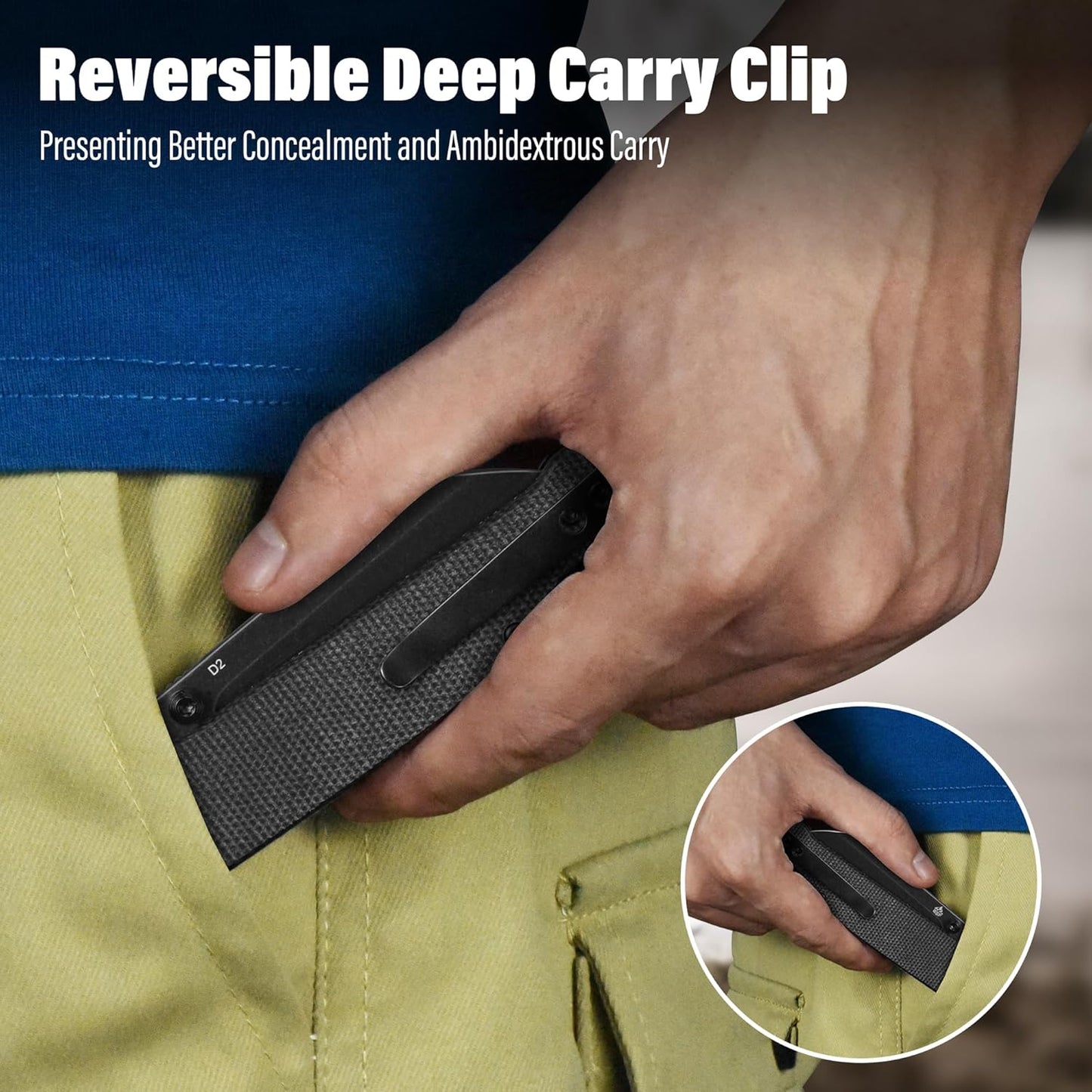 QSP Penguin V2 Folding Pocket Knife, 3.06" D2 Black Stonewash Blade EDC Knife, Dark Brown Micarta Handle, Liner Lock, Ceramic Ball Bearings, Reversible SS Deep Carry Clip