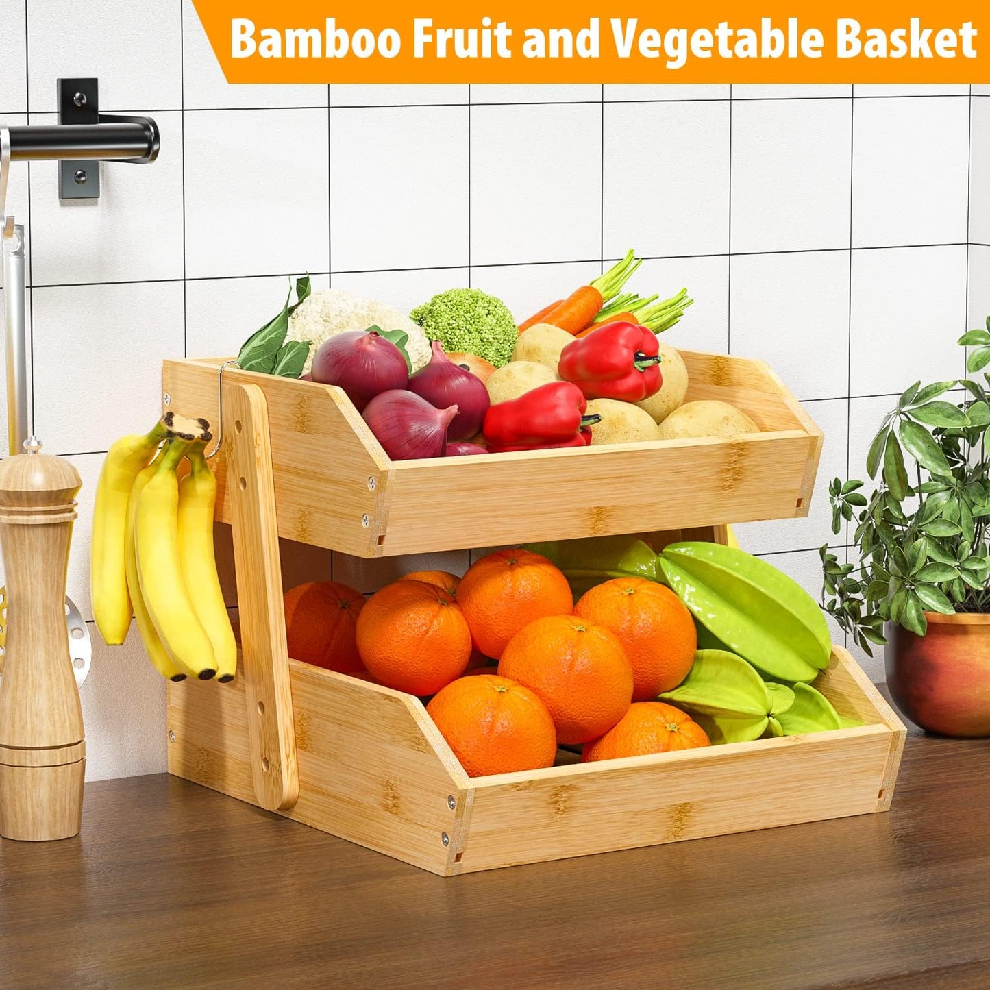 Bamboo Fruit Basket for Kitchen–2 Tier Fruit Bowl For Kitchen Counter, Large Fruit Holder With 2 Banana Hangers, Idea For Fruit and Vegetable Storage, Bread Basket, Snack Organizer(BAMBOO)