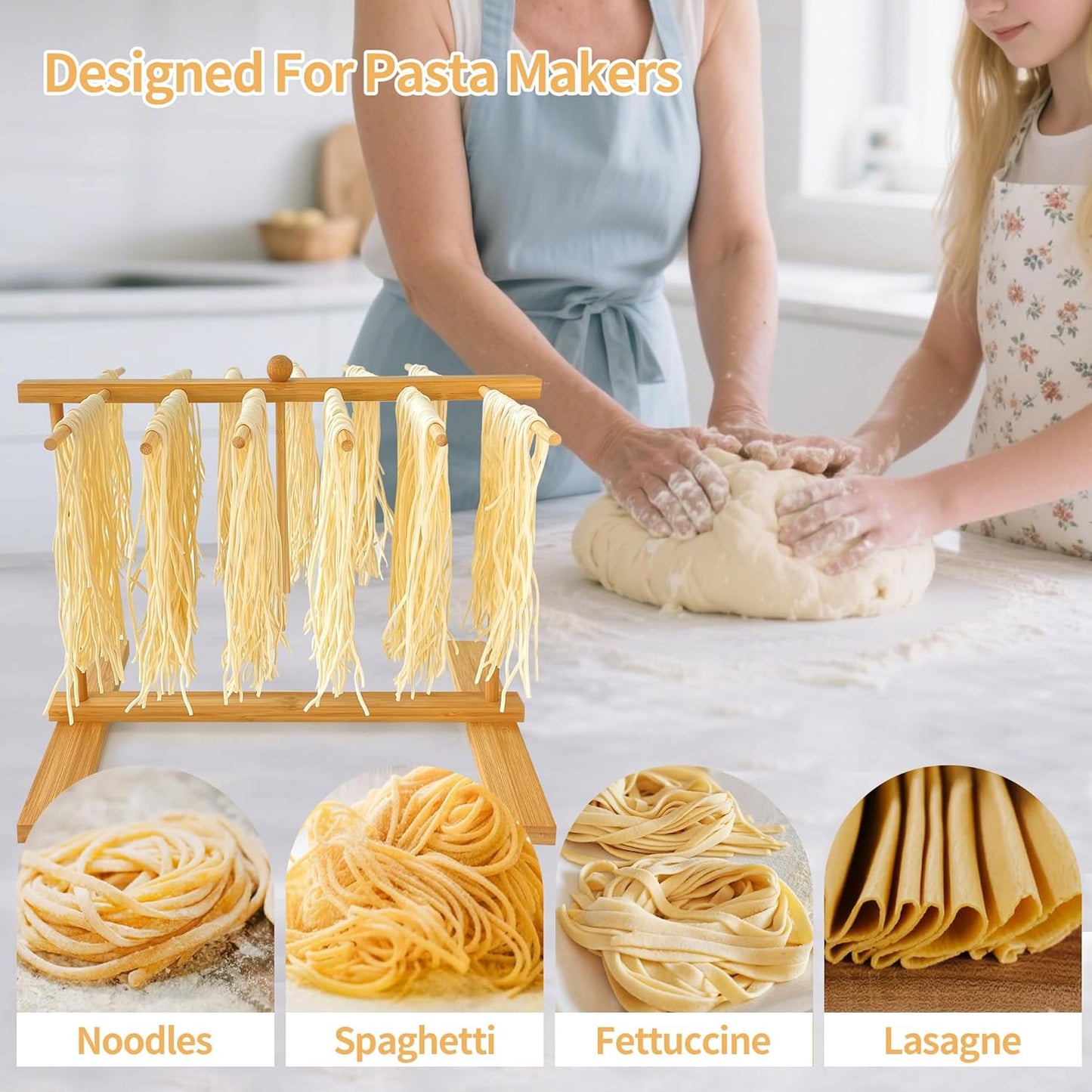 Bamboo-Pasta-Drying-Rack With Transfer Wand & 16 Arms, Large Tall Collapsible Fresh Pasta Dryer Holder For Homemade Noodle, Spaghetti, Tagliatelle, Detachable Fettuccine Hanger Stand With 16 Bars