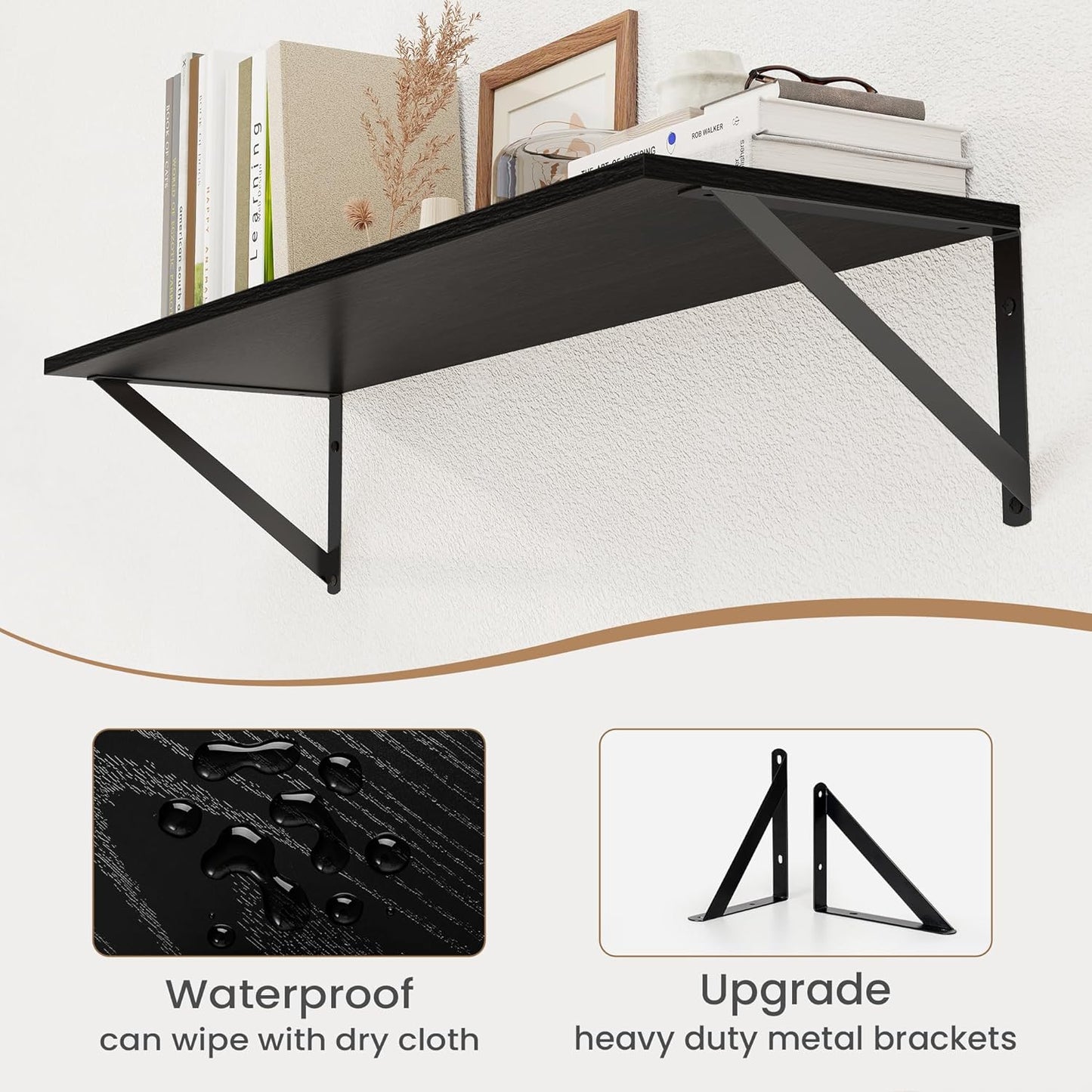 Heimlove Black Deep Floating Shelves for Wall, 30W x 8D Wood Wall Shelves Set of 2, Wide Floating Bookshelf for Living Room, Kitchen, Office, Bedroom and Decor Storage, with Metal Bracket - Black