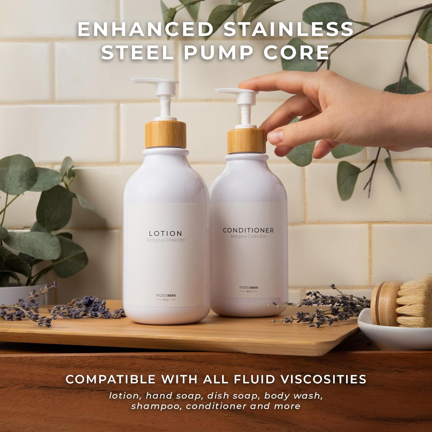 Maisonovo Plastic Soap Dispenser Set | Hand Soap and Dish Soap Dispenser Set | 16.9oz Amber Bottles with Black Bamboo Pump | Bathroom Lotion Dispenser with Pump Set of 2