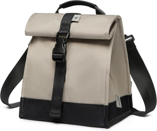 SUNNY BIRD Insulated Lunch Bag Rolltop Lunch Box Tote Bag for Women, Men, Adults and Teens (Grey and black)