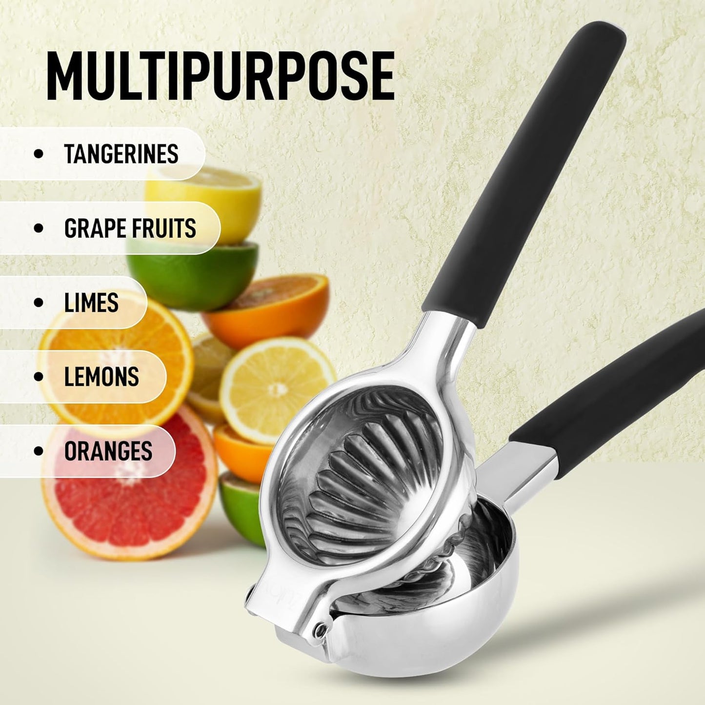 Zulay Lemon Squeezer Stainless Steel with Premium Heavy Duty Solid Metal Squeezer Bowl (Black Grip, Large)