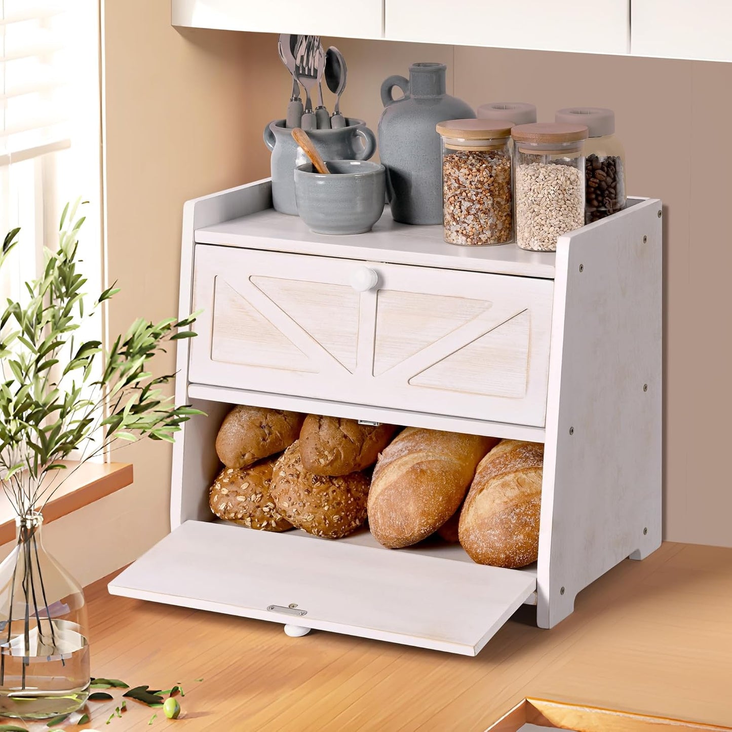 Ollieroo Vintage Double Layer Bread Box for Kitchen Countertop, Bamboo Bread Storage Container, Breadbox for Homemade Bread, Large Capacity Bread Bin(White)