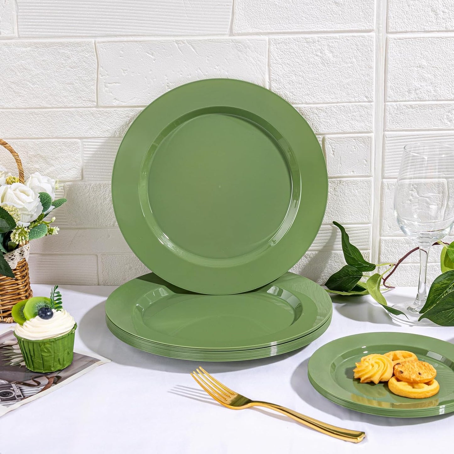 I00000 200 Pcs Green Plastic Plates, Green Disposable Plates Include 100 Dinner Plate 10’’ and 100 Dessert Plate 7’’ Perfect for Birthday, Party & Wedding