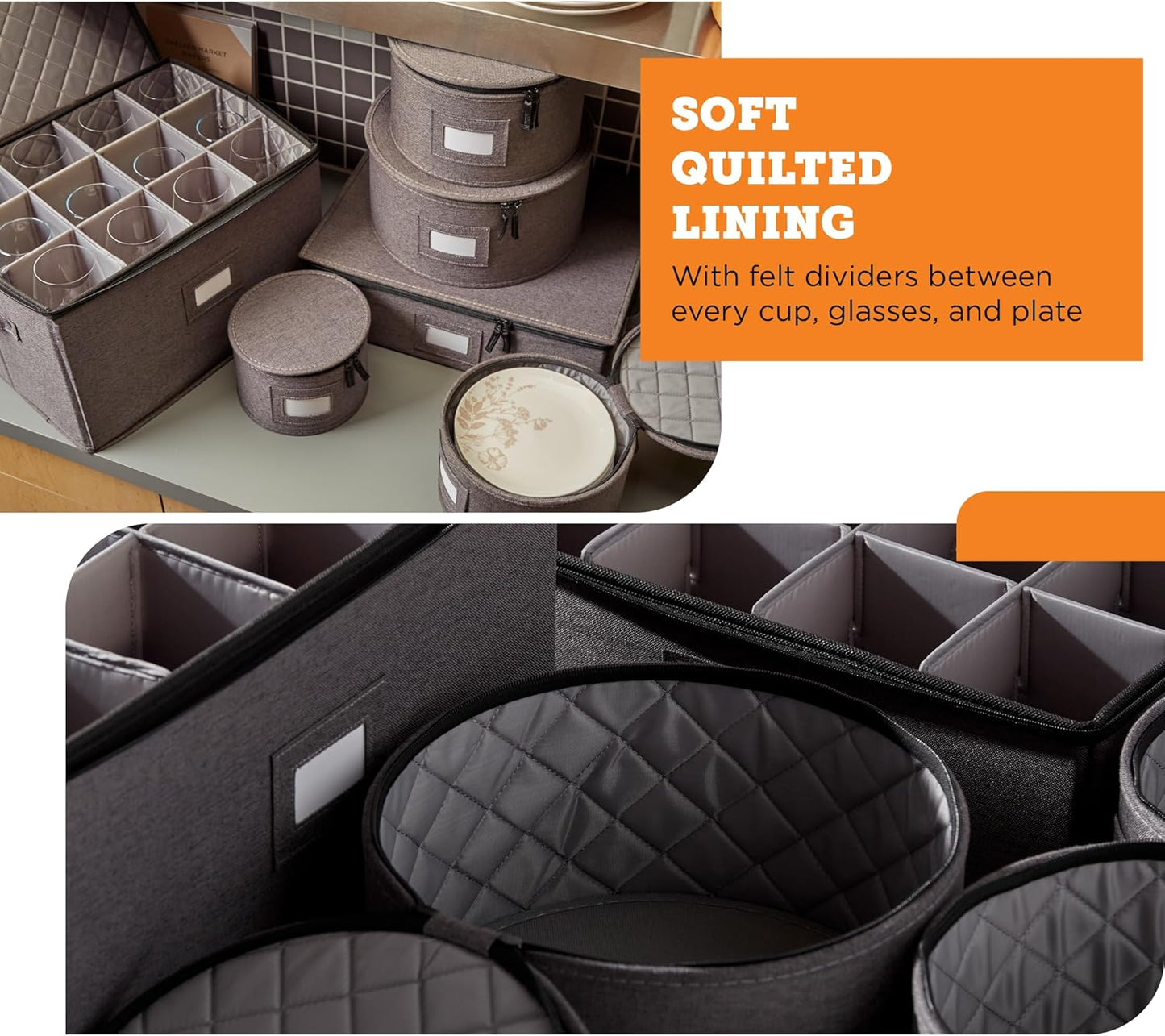storageLAB China Storage Containers, Hard Shell Case with Felt Dividers for Charger Plates, and Dishes, Ideal for Kitchen Organization, Moving Supplies, and Fine China Storage - 6-Piece Set, Gray