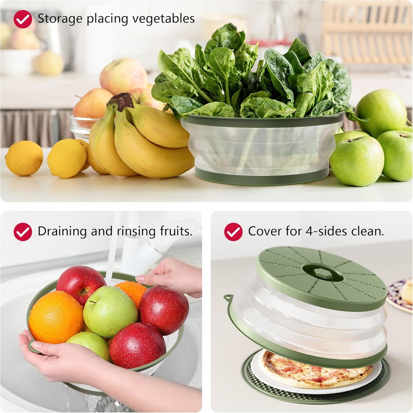 WVM Microwave Splatter Cover & Mat, Vented Collapsible Splatter Guard dish Plate lid & Silicone Round Kitchen Mat for Food, Meal Prep, Green