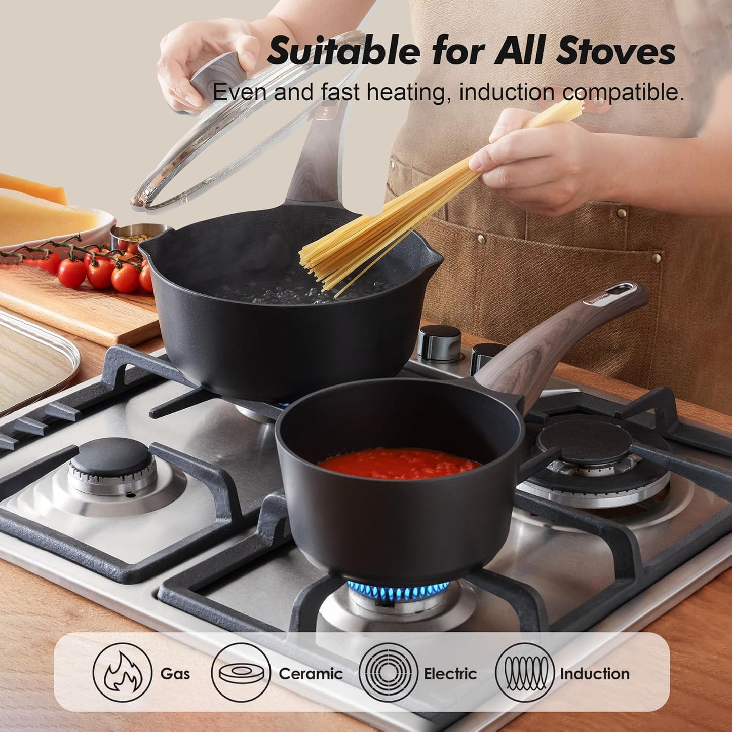 SENSARTE 1.5 & 2.5 Quart Sauce Pan Sets with Lid, Cooking Pots Set, Nonstick Saucepan Set with Pour Spout, Small Kitchen Pot, Non toxic Saucepot, Induction Comptable, Easy to Clean, PFOA Free