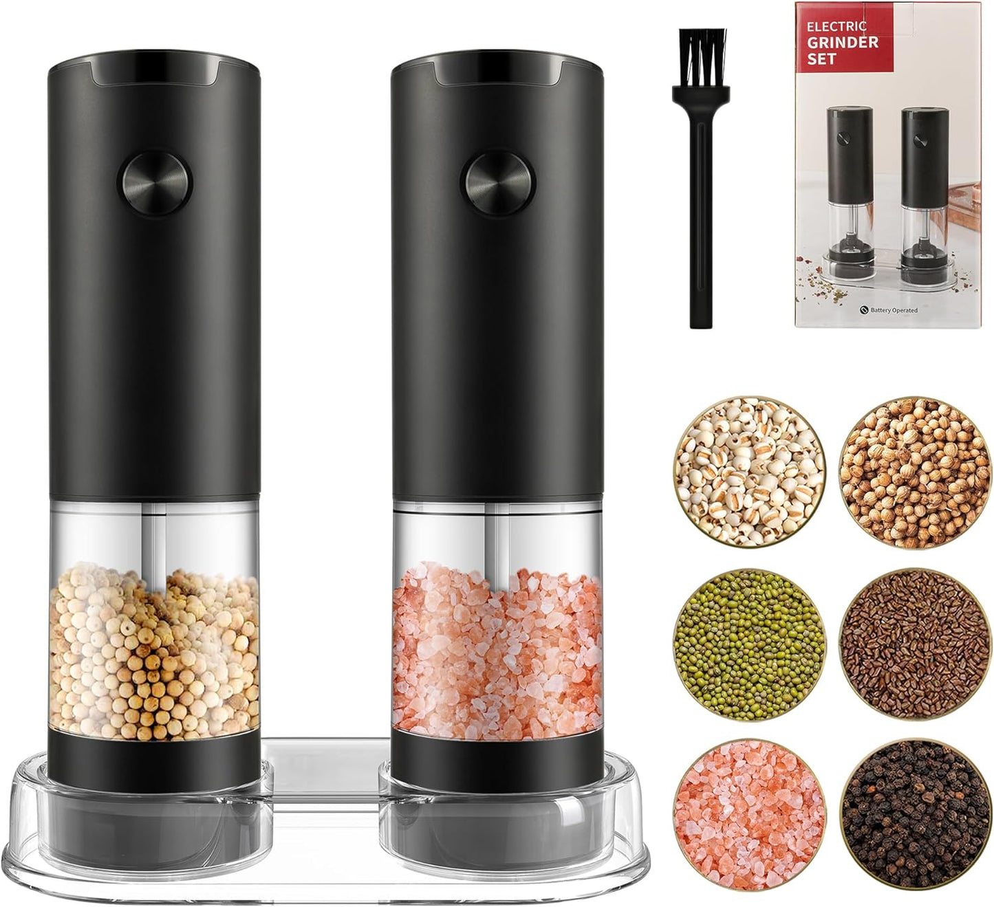 Electric Salt and Pepper Grinder Set, Automatic Mill, Adjustable Coarseness, LED Light - Convenient One-Hand Operation - Perfect for Kitchen and BBQ - Includes Salt and Pepper Shakers (2 Pack)