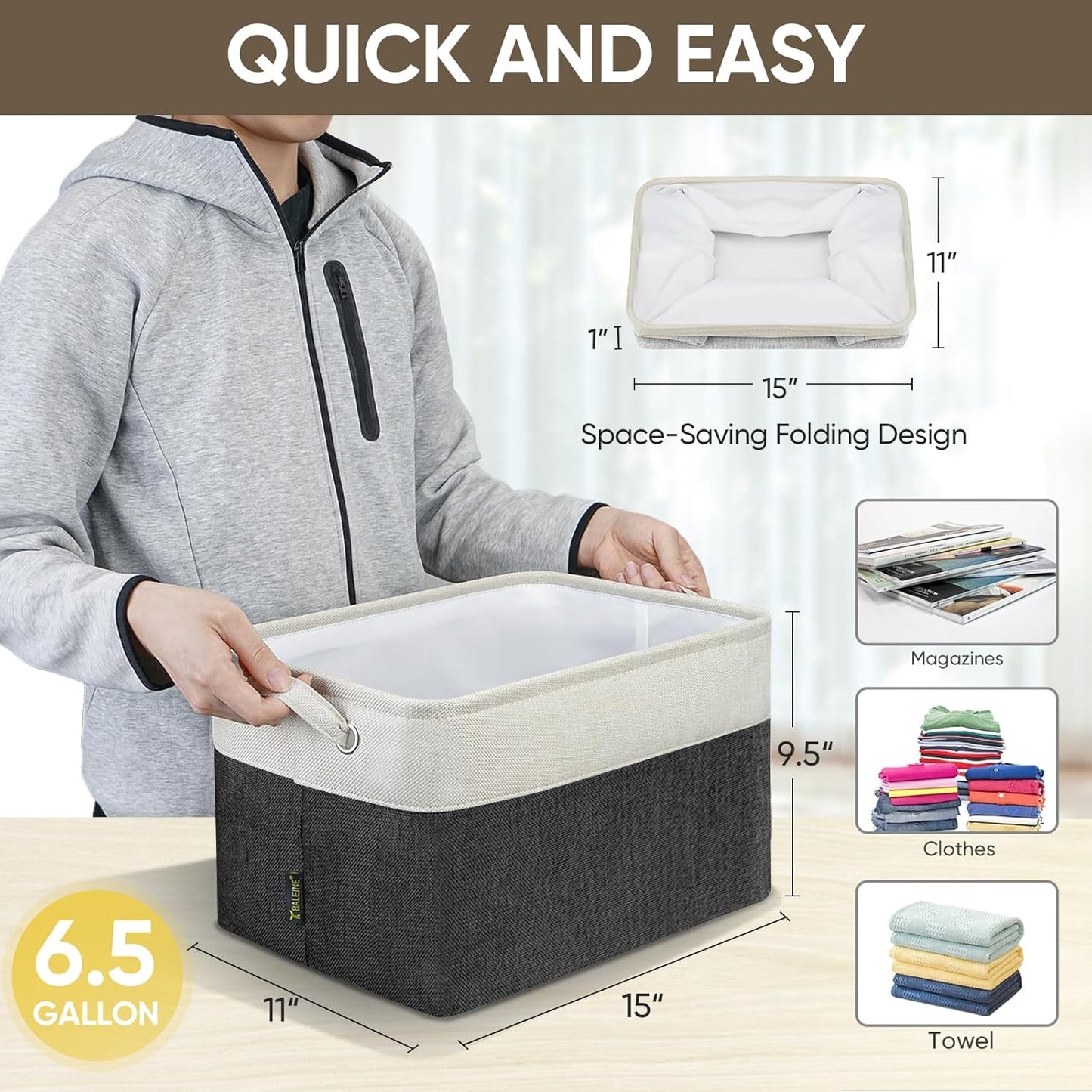 BALEINE 2 Pack Fabric Storage Bins for Shelves, Linen Storage Baskets for Organizing, Decorative Closet Bins for Clothes, Home (Black, 15"x11"x9.5")