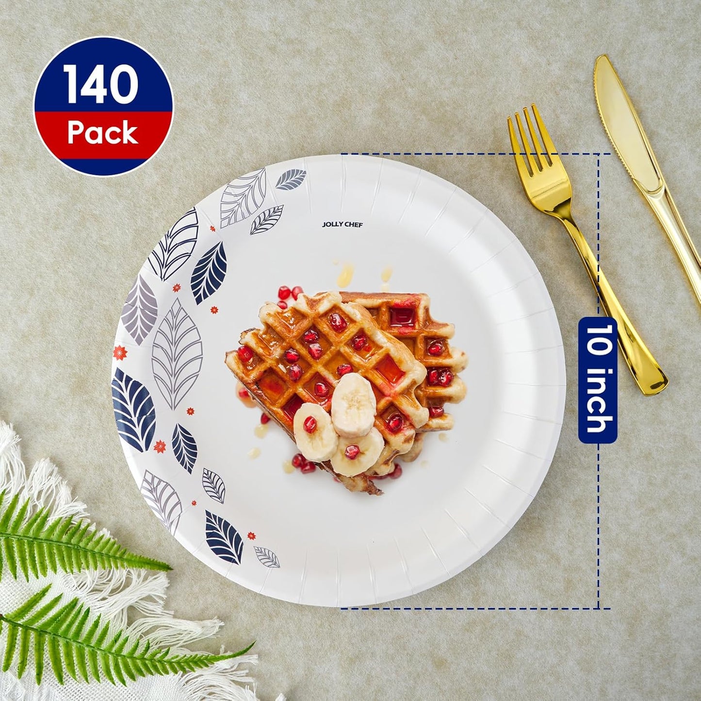 JOLLY CHEF 140 Count Paper Plates 10 inch Soak Proof, Cut Proof, Heavy Duty Leaf Printed Disposable Paper Plates for Everyday Use