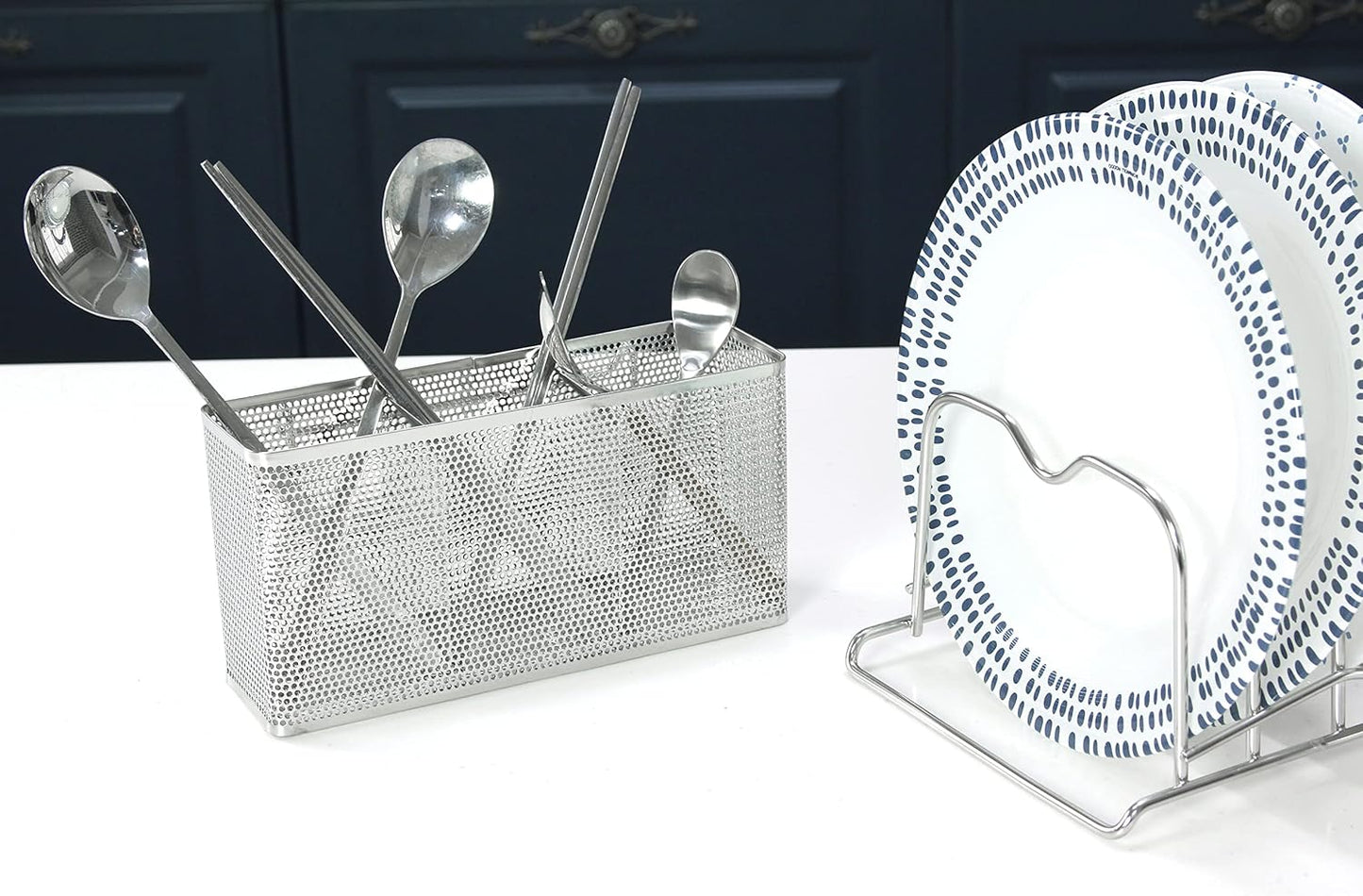 LENITH Kitchen Utensil Chopsticks Perforated Holder with Hooks - 304 Stainless Steel Storage for Organizer Dishwasher Safe (Large Rectangle)