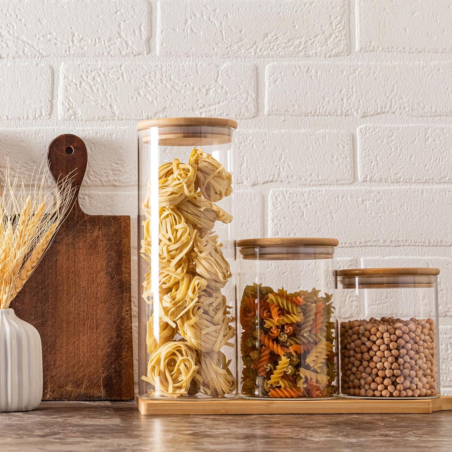 73oz Glass Pasta Storage Jars, Tall Glass Jars with Bamboo Lids, Spaghetti Container, Set of 3, Kitchen Storage Containers for Pasta, Pantry Organizers