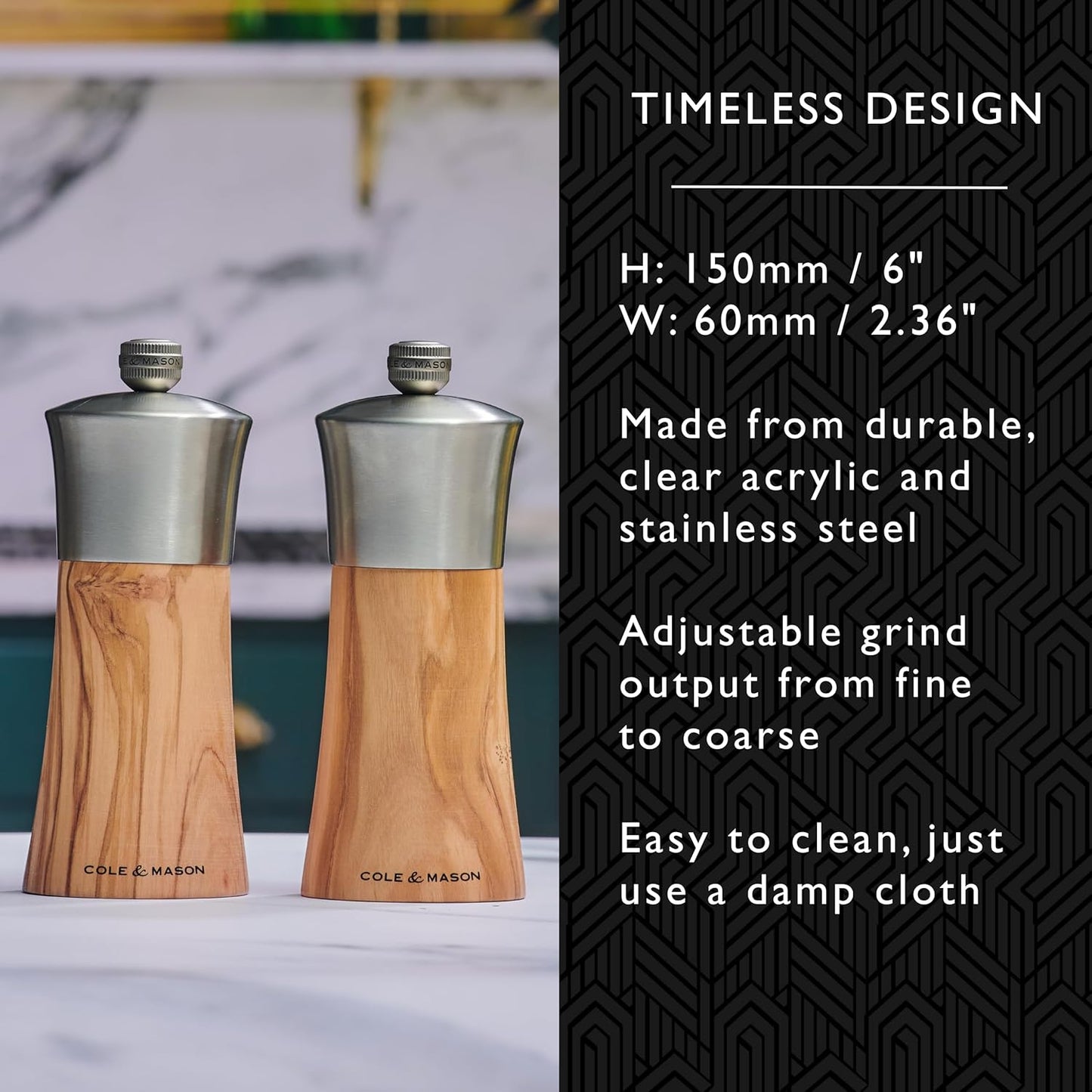 Cole & Mason Bromley Pepper Mill, 6" - Pepper Grinder with Ultra-Sharp Grinding Mechanism - Flavor-Enhancing Pepper Shaker - Refillable Mill with Adjustable Grinding - Olive Wood, Pepper Mill