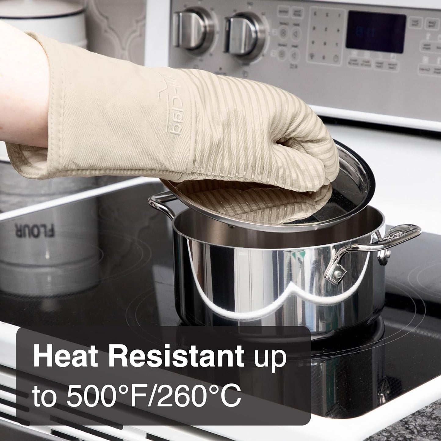 All-Clad Silicone Oven Mitts: Heat Resistant up to 500 Degrees - 100% Cotton & Silicone, 14"x7" Oven Mitt for Kitchen and Barbeque, 2-Pack, Almond