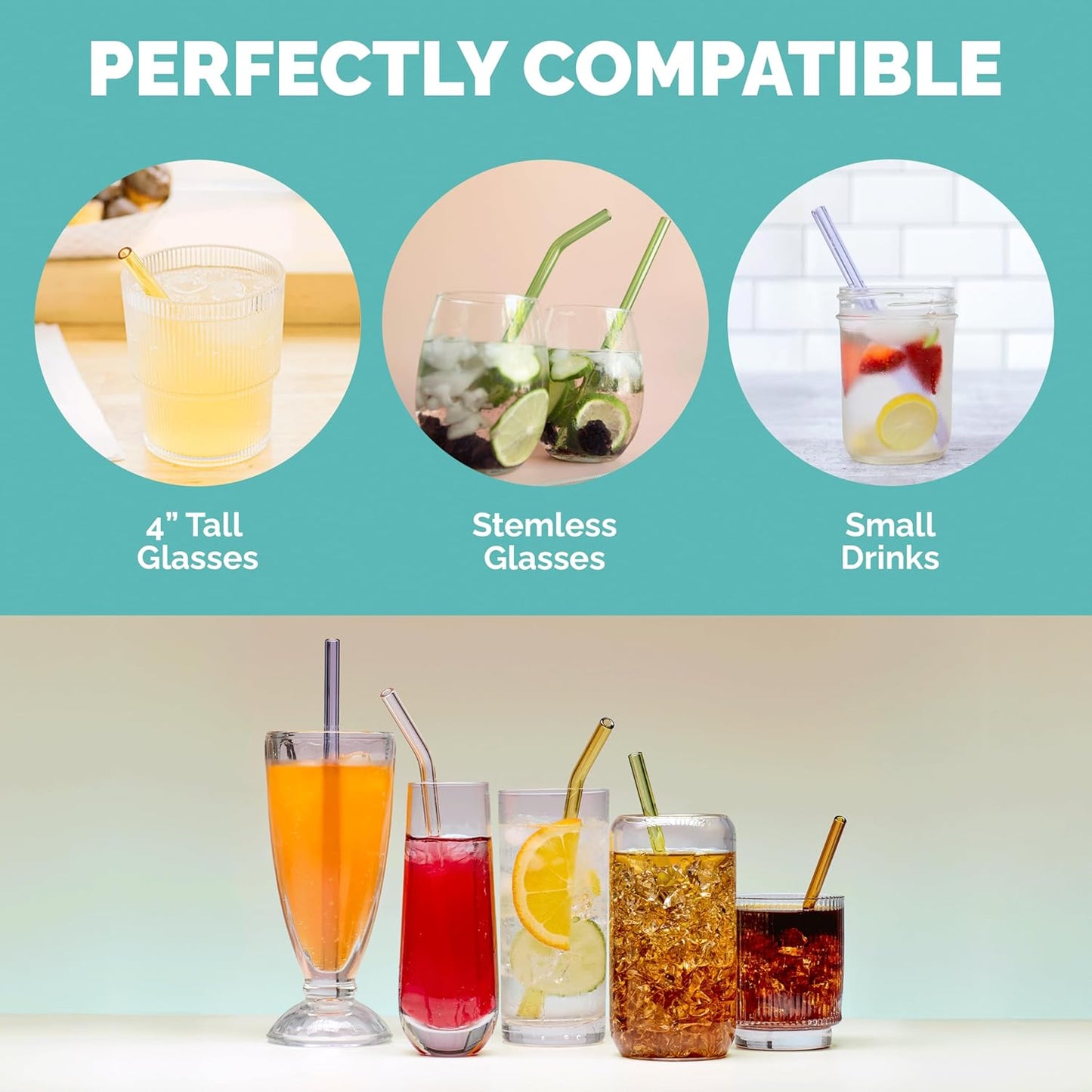 Simply Straws 6 Inch Glass Straws Bent (6-Pack) – Reusable Glass Straws for Low Balls & Stemless Glasses, with Cleaning Brush – Dishwasher Safe, Hot & Cold Use, BPA-Free (Cote d'Azur)