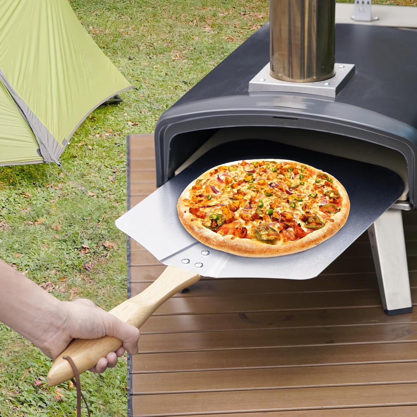 Skyflame Kitchen Supply Aluminum Pizza Peel with Wooden Handle 12 Inch x 14 Inch, Pizza Paddle for Baking Homemade Pizza Bread