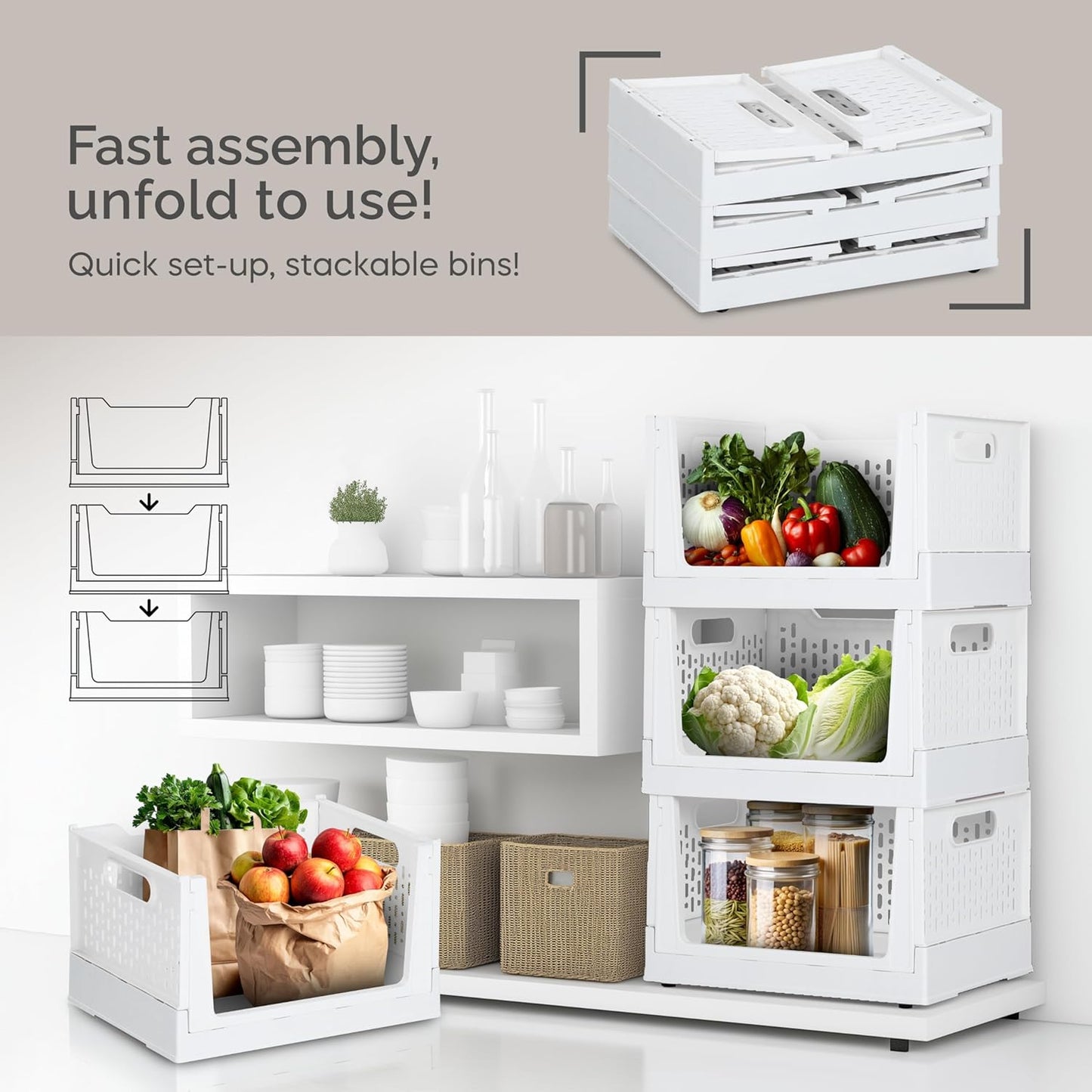 Skywin TidyFriend Stackable Storage Bins with Wheels, 3 Pack Foldable Storage Bins Box, Plastic Shelves Drawer Organizer Container for Closet Office Bedroom Kitchen Bathroom (Ivory)