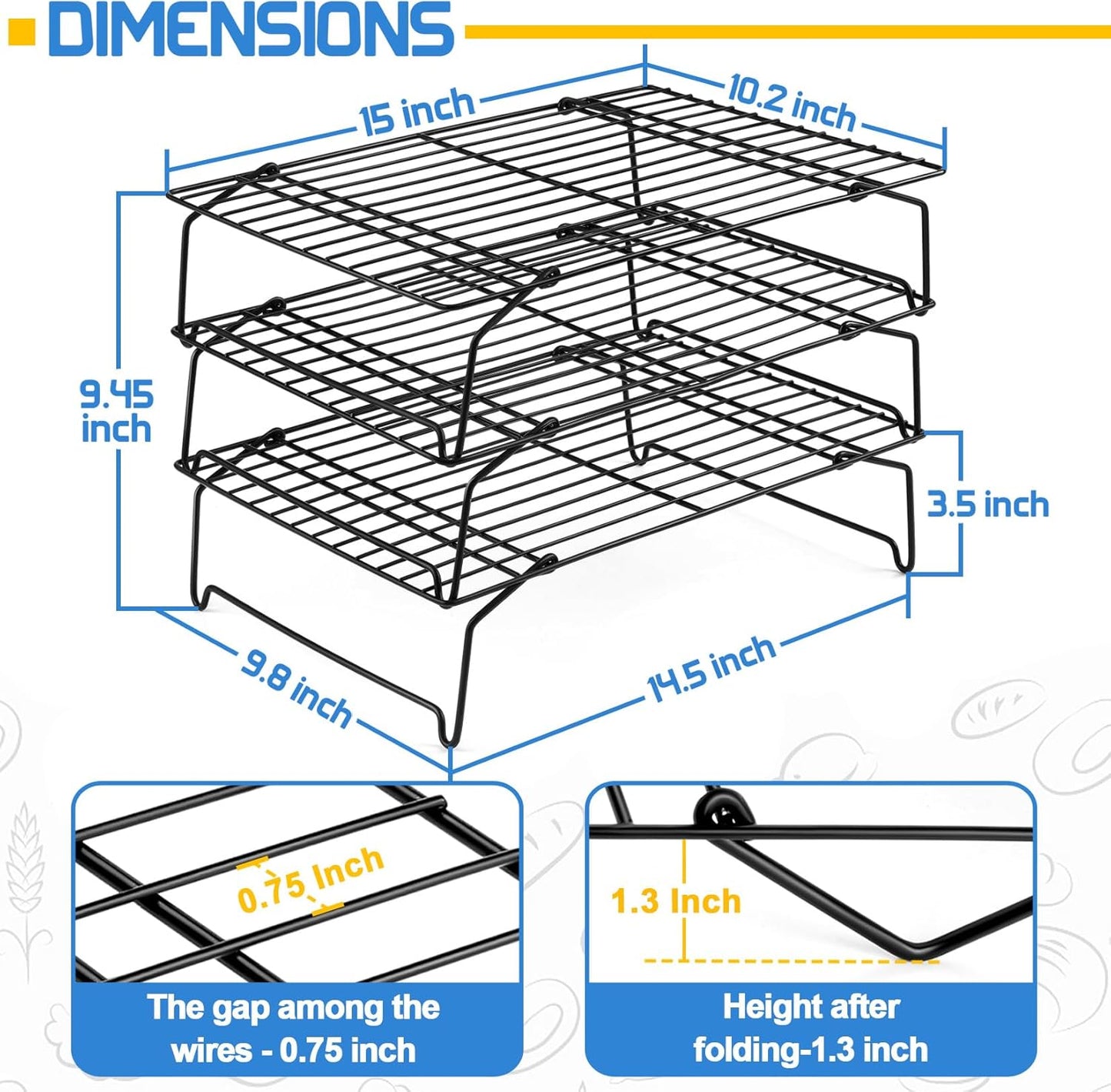 P&P CHEF 3-Tier Cooling Rack Set, Stackable Stainless Steel Baking Cooling Roasting Cooking Racks for Cake, Pastry, Bread, Meat, Bacon, Collapsible & Thick Wire, Oven Safe, 15" x10", Black