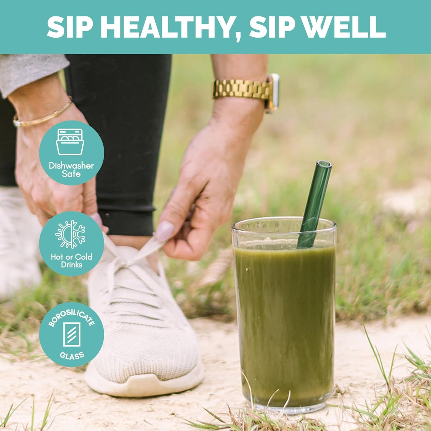 Simply Straws Wide Glass Straws (6-Pack) - 10in x 12mm Reusable Glass Smoothie Straws for Milkshakes, Juices & Slushies, with Cleaning Brush - Dishwasher Safe, Hot & Cold Use, BPA-Free (Seaglass)