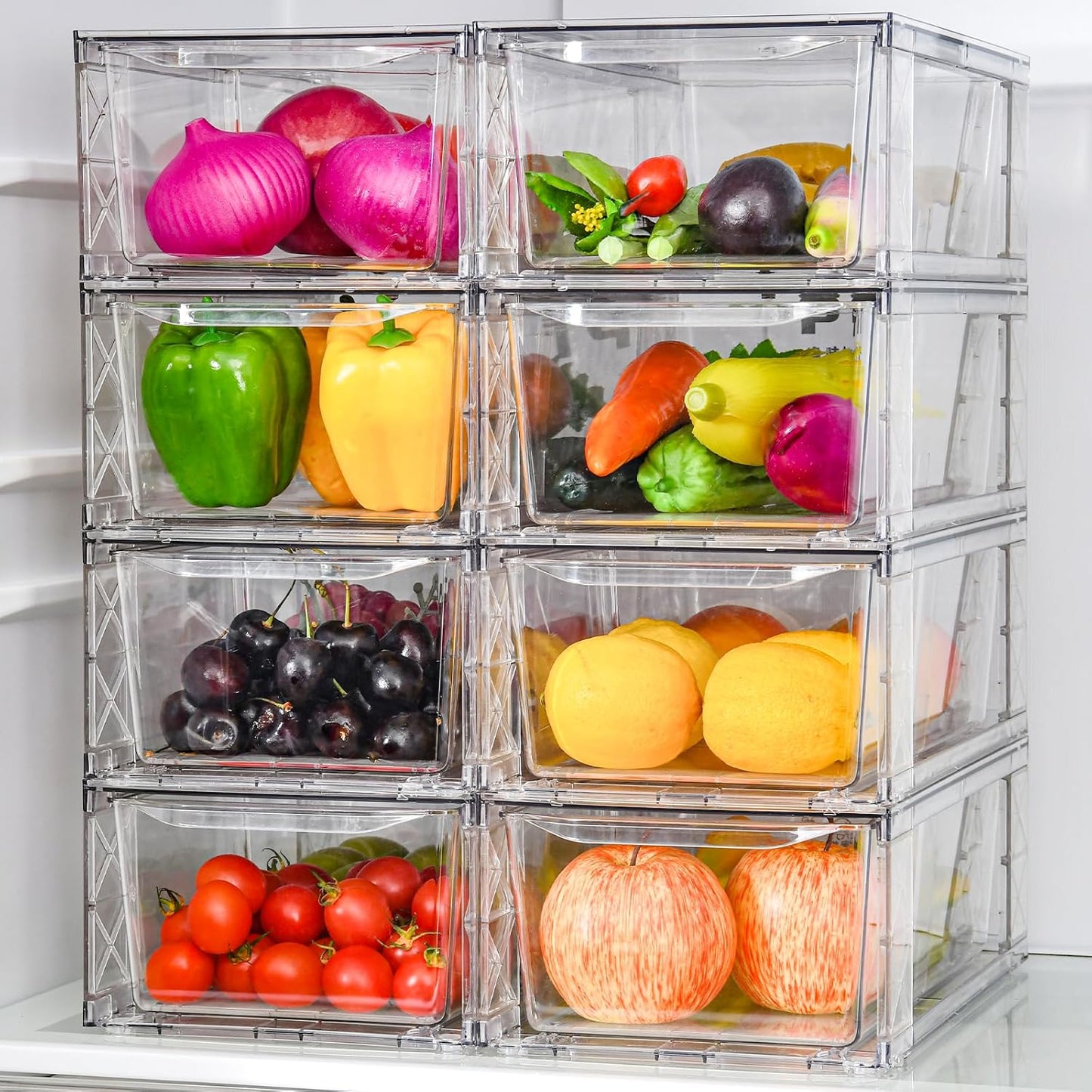 8Pack Clear Stackable Kitchen Storage Organizer,Pantry Organizers and Storage,Foods Organizer Bins with Handles, Easily Assemble for Bathroom, Kitchen, Refrigerator, Pantry, Cabinet, Closet