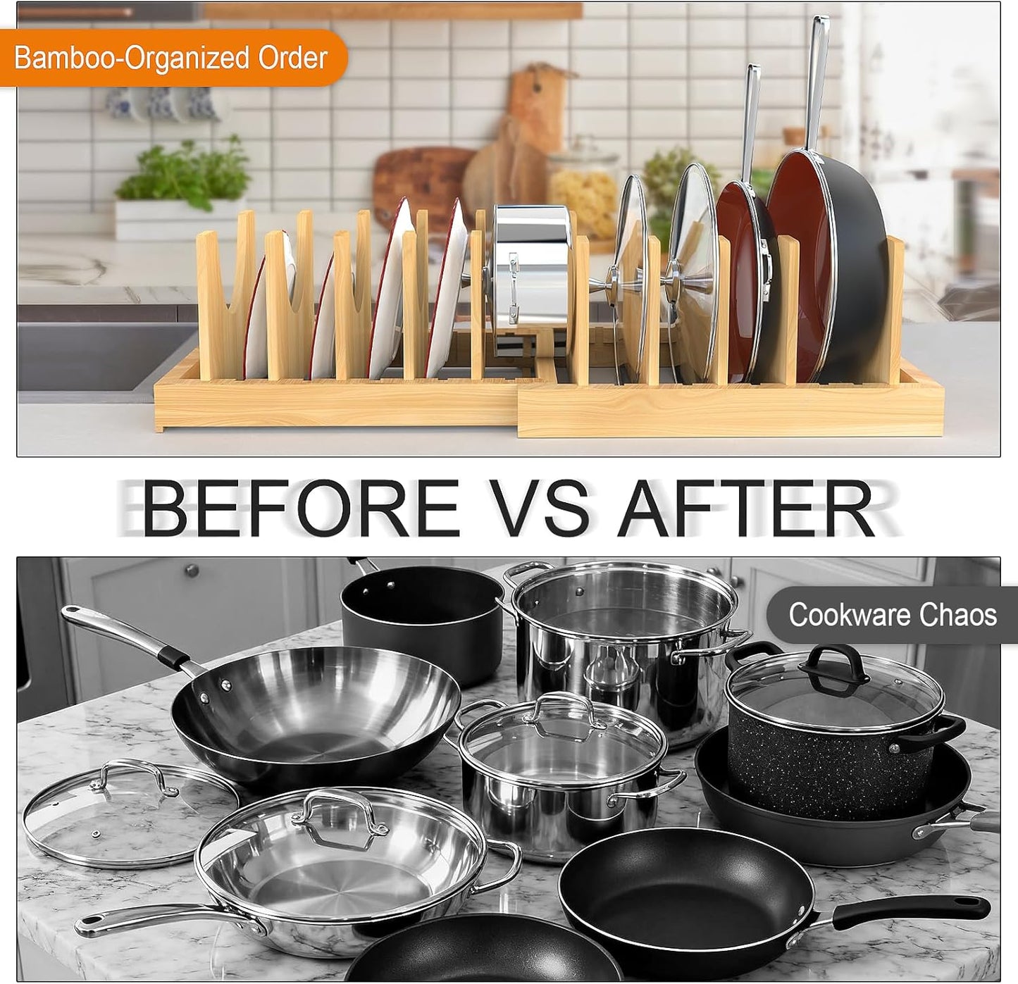 Bamboo Expandable Pot and Pan Organizer Under Cabinet,2-in-1 Kitchen Cabinet Organizer with Adjustable 10 Dividers, Non-Slip Base for Pot Lids Holder, Cutting Board Organizers for Kitchen Storage
