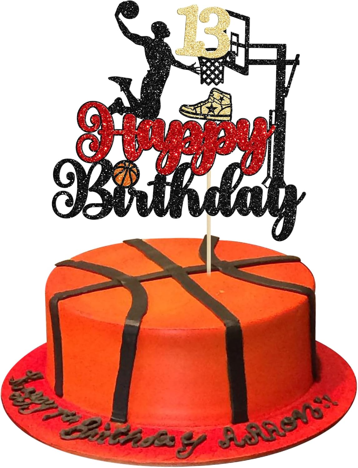 1Pc Happy 13th Birthday Basketball Cake Topper Glitter Basketball Sports Cake Pick Cheers to 13 Years Birthday Cake Decoration for 13th Party Supplies Black