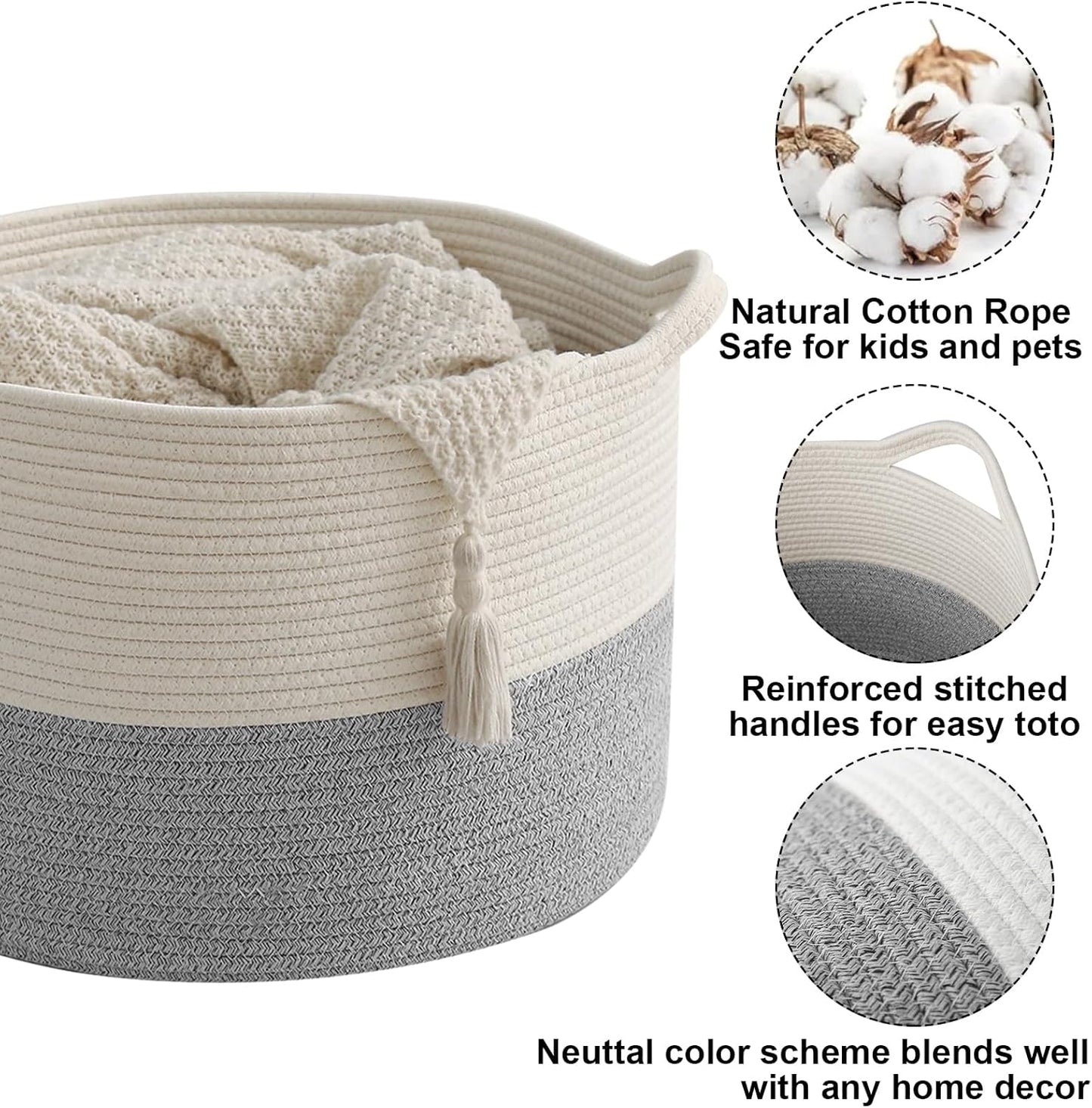 Large Blanket Basket for Organizing,65L Closet Organizers and Storage Bins Box for Shelves Woven Rope Storage Baskets,Living Room,Bedroom,Dorm,Laundry room (White&Grey)
