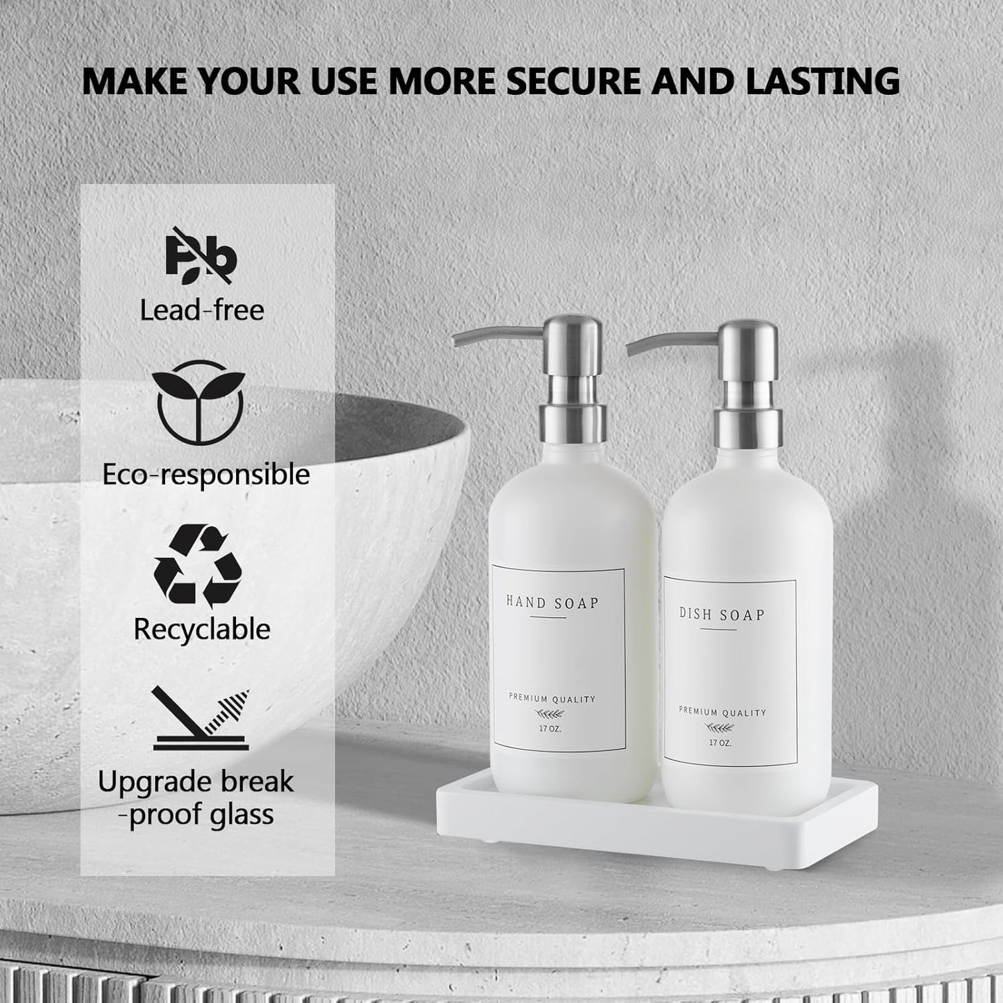 Thick Glass Soap Dispenser - Kitchen Dish Hand Soap Dispenser Set, Rustproof Pump Soap Lotion Dispenser Bathroom with Tray,14 Stickers for Kitchen Decor White Bottle/Silver Pump