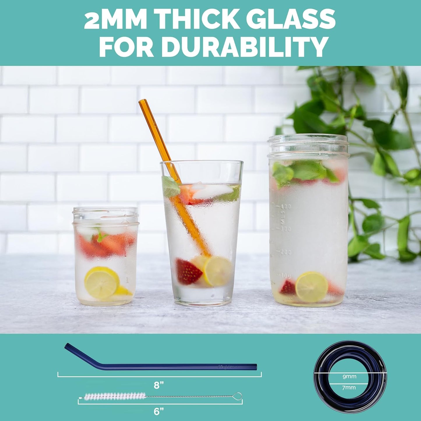 Simply Straws 8 Inch Glass Straws Bent (6-Pack) – Reusable Glass Straws for Pints & Juice Drinkware, with Cleaning Brush – Dishwasher Safe, Hot & Cold Use, BPA-Free (Meadow)