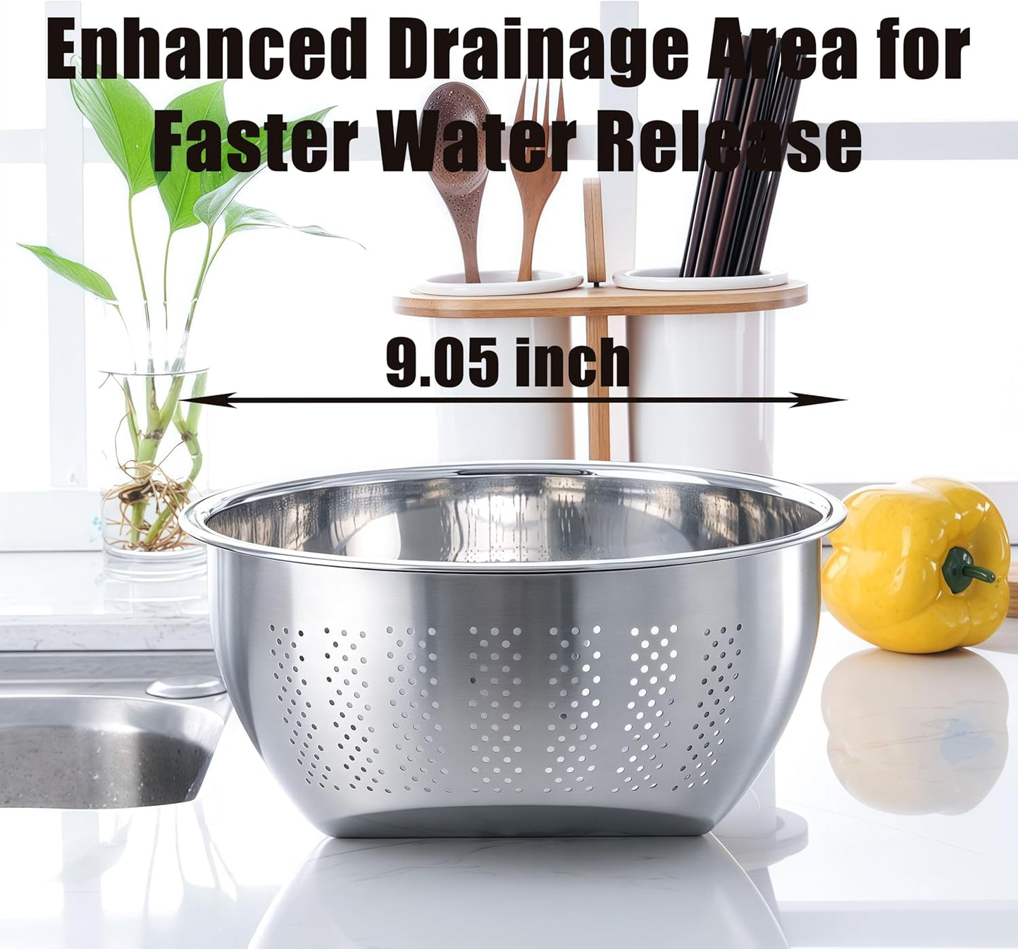 Rice Washer Strainer Bowl, Stainless Steel Quinoa Washing Bowl With Side Drainers Colander for Cleaning Rinsing Fruits, Vegetables, and Beans - Versatile Kitchen Tool