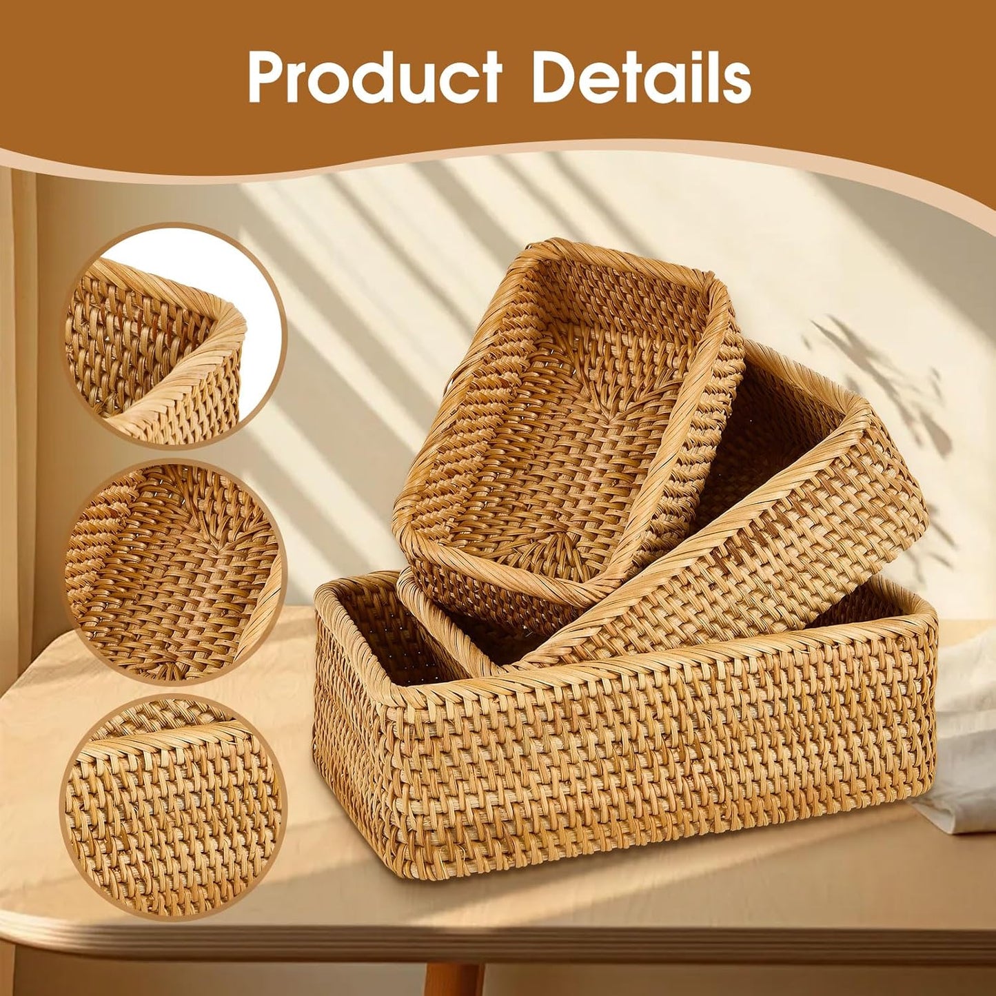 Natural Rectangular Rattan Storage Baskets (Set of 3), Hand Woven Food and Fruit Serving Baskets, Wicker Organizer for Living Room, Bedroom, Kitchen