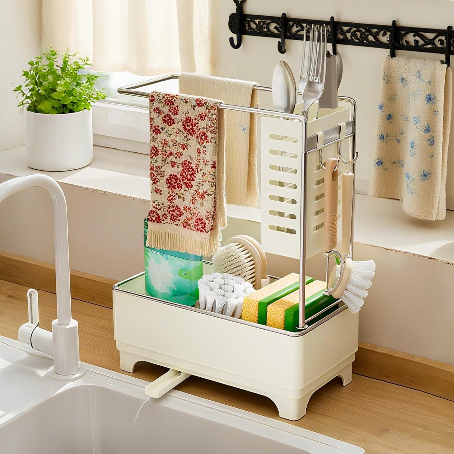 MOUKABAL Sponge Holder for Kitchen Sink, 2-Tier Sink Caddy Organizer with Drain Holes and Hooks, Holds Dishcloth, Sponge & Brushes, Kitchen Countertop Storage for New Home Essentials White