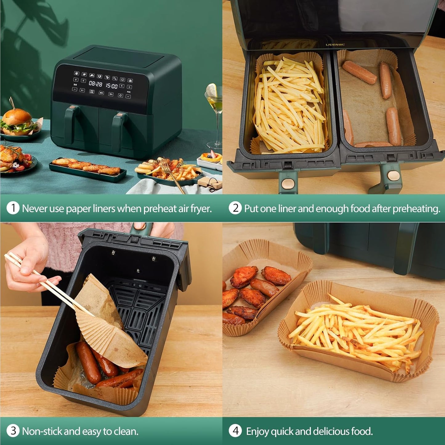 400Pcs Air Fryer Liners Disposable for Dual Basket, 8x5.5 Inch Parchment Paper Sheets, Rectangular Baking Liners for Ninja DZ201 DZ401, Chefman/COSORI 2-Basket Air Fryer, Oil Proof & Non-Stick