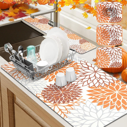 Findosom 2PCS 17" x 32" Dish Drying Mat & 24" x 5.5" Sink Splash Guard, Super Absorbent & Cuttable Dish Mat Drying Kitchen Mat with Orange Floral, Hide Stain Drying Mat for Kitchen Counter